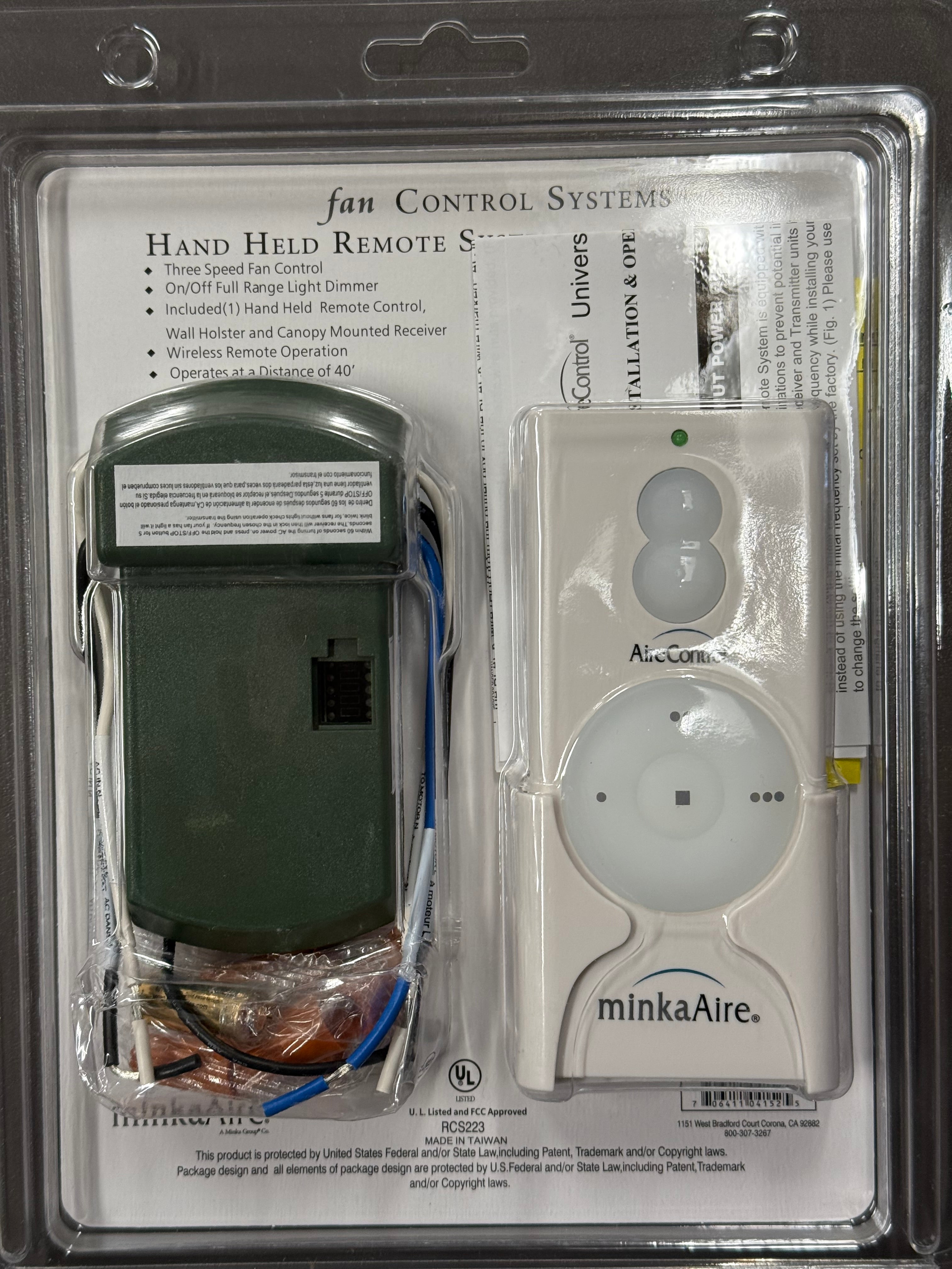 Minka-Aire AireControl 3 Speed Universal 256 Bit Handheld Ceiling Fan Remote Control for LED with Receiver Kit - White - RCS223