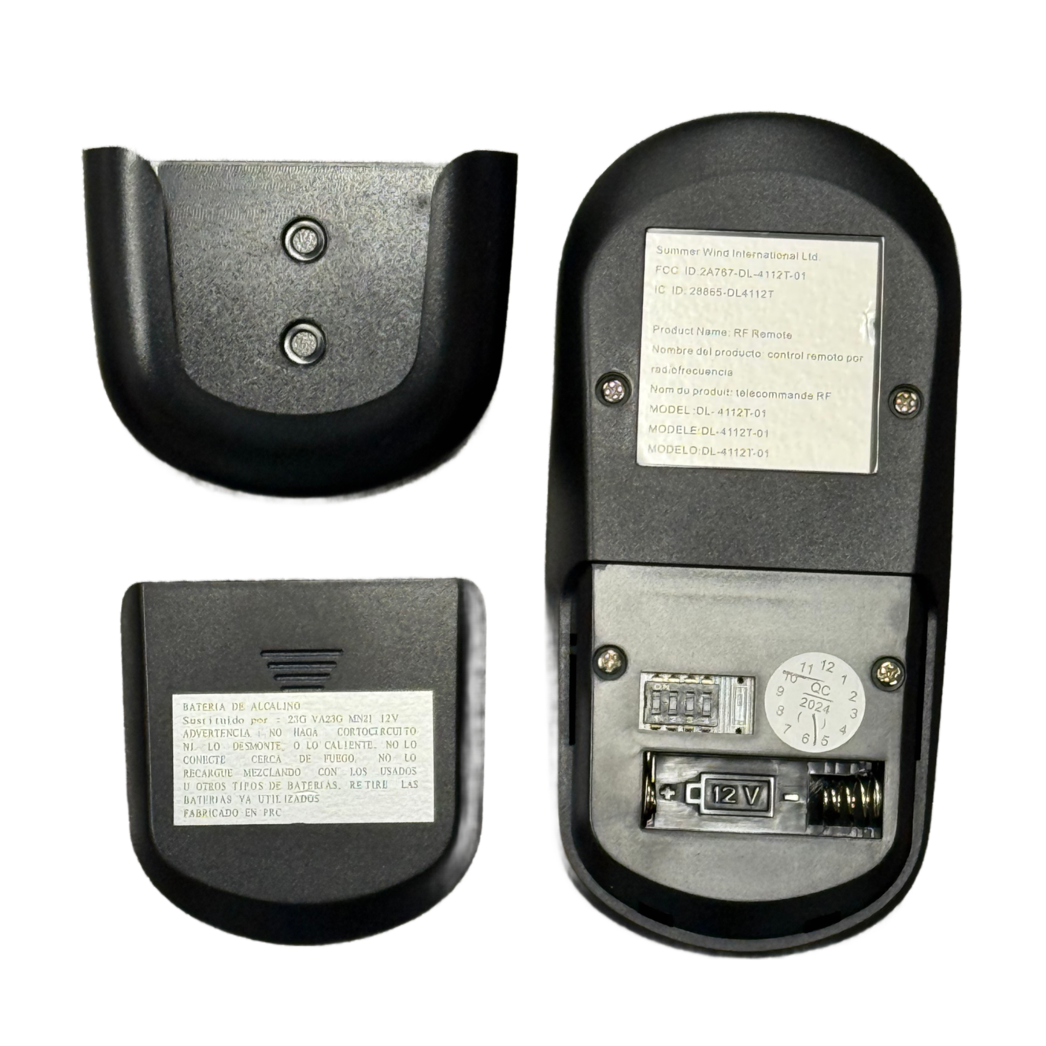 Three views of the Home Decorators Collection Merwry Ceiling Fan Replacement Remote Control (13431102701301, DL-4112T-01, 2A767-DL-4112T-01): battery compartment open showing slots/dial, and two with the cover—perfect as a remote or fan part replacement.