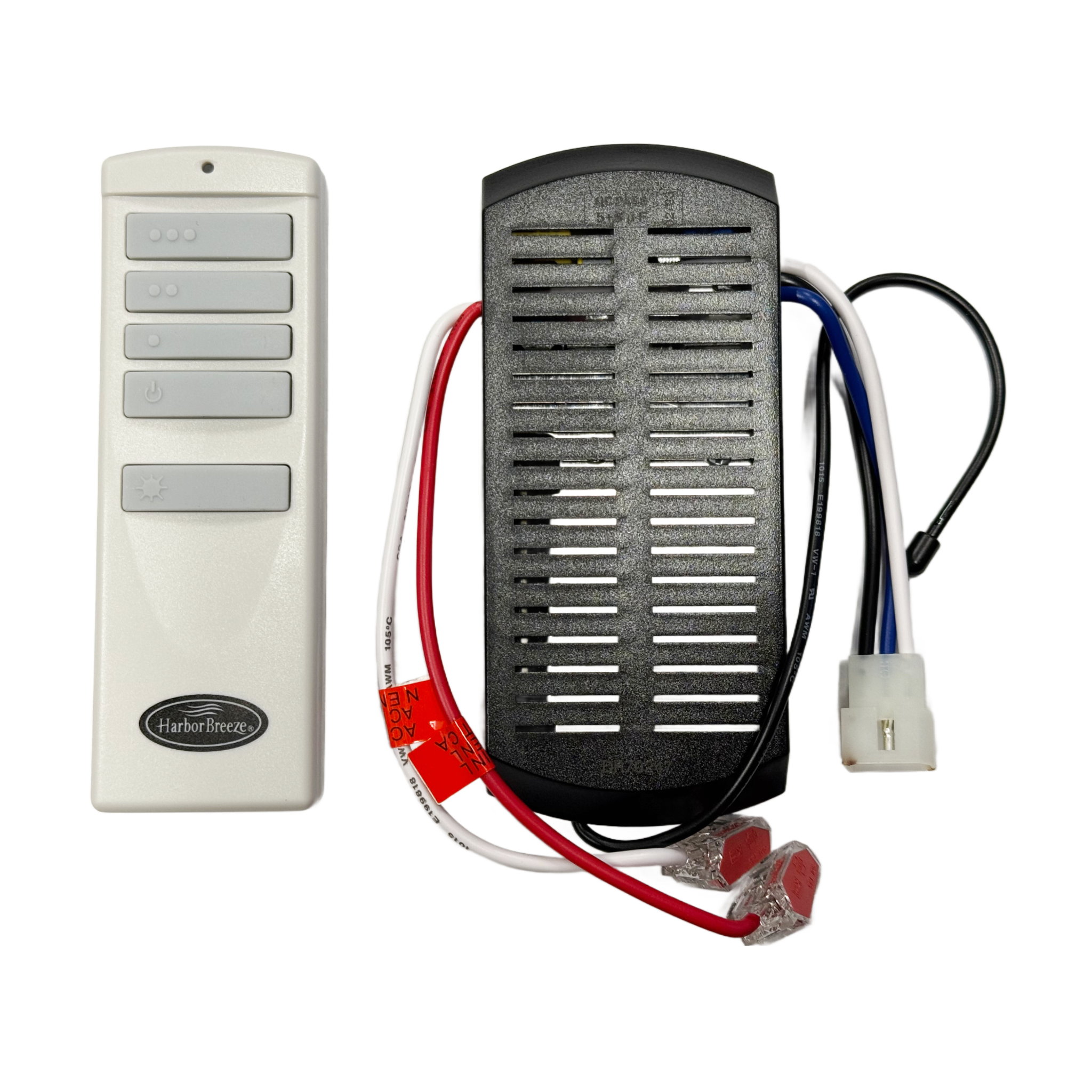 The Harbor Breeze Remote Control and Receiver Kit for Mac II and Mac III Ceiling Fans (4L000014490, A25-TX001-R1, AT-3DL) includes a white remote and black receiver with wires for ceiling fan replacement or operation.