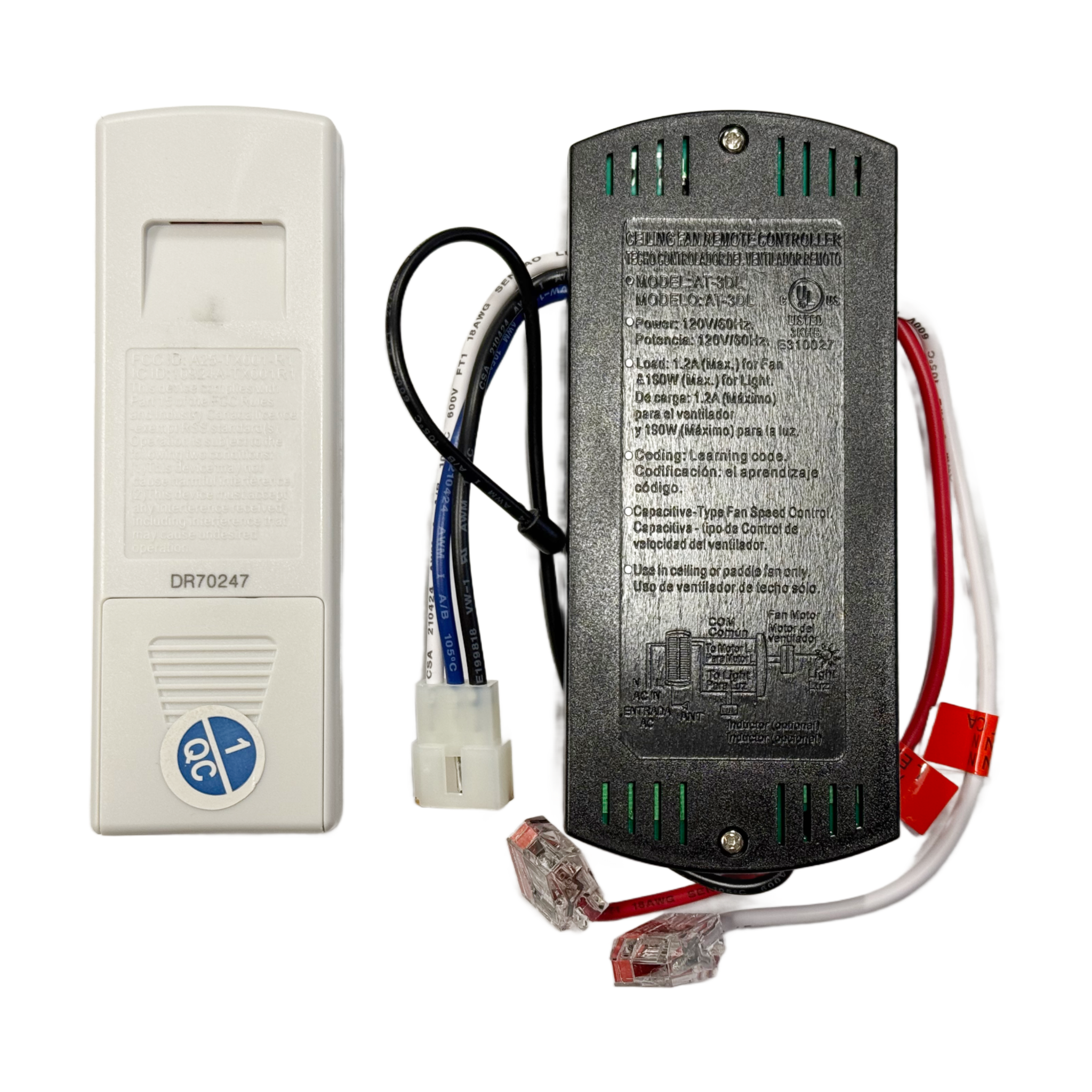 The Harbor Breeze Remote Control and Receiver Kit (4L000014490, A25-TX001-R1, AT-3DL) is a replacement for Mac II and Mac III ceiling fans, including a QC-labeled white receiver and black control module with wires and connectors.