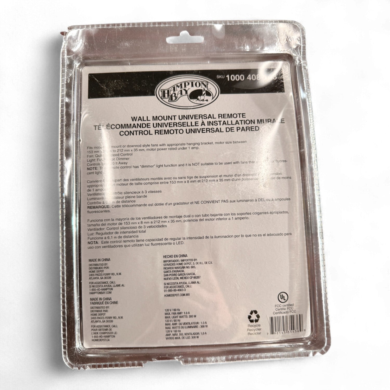 Hampton Bay Universal 3-Speed Wall Plate Remote control Ceiling fan Kit | UC9050H Remote | UC7067RYAI Receiver - 1000408143