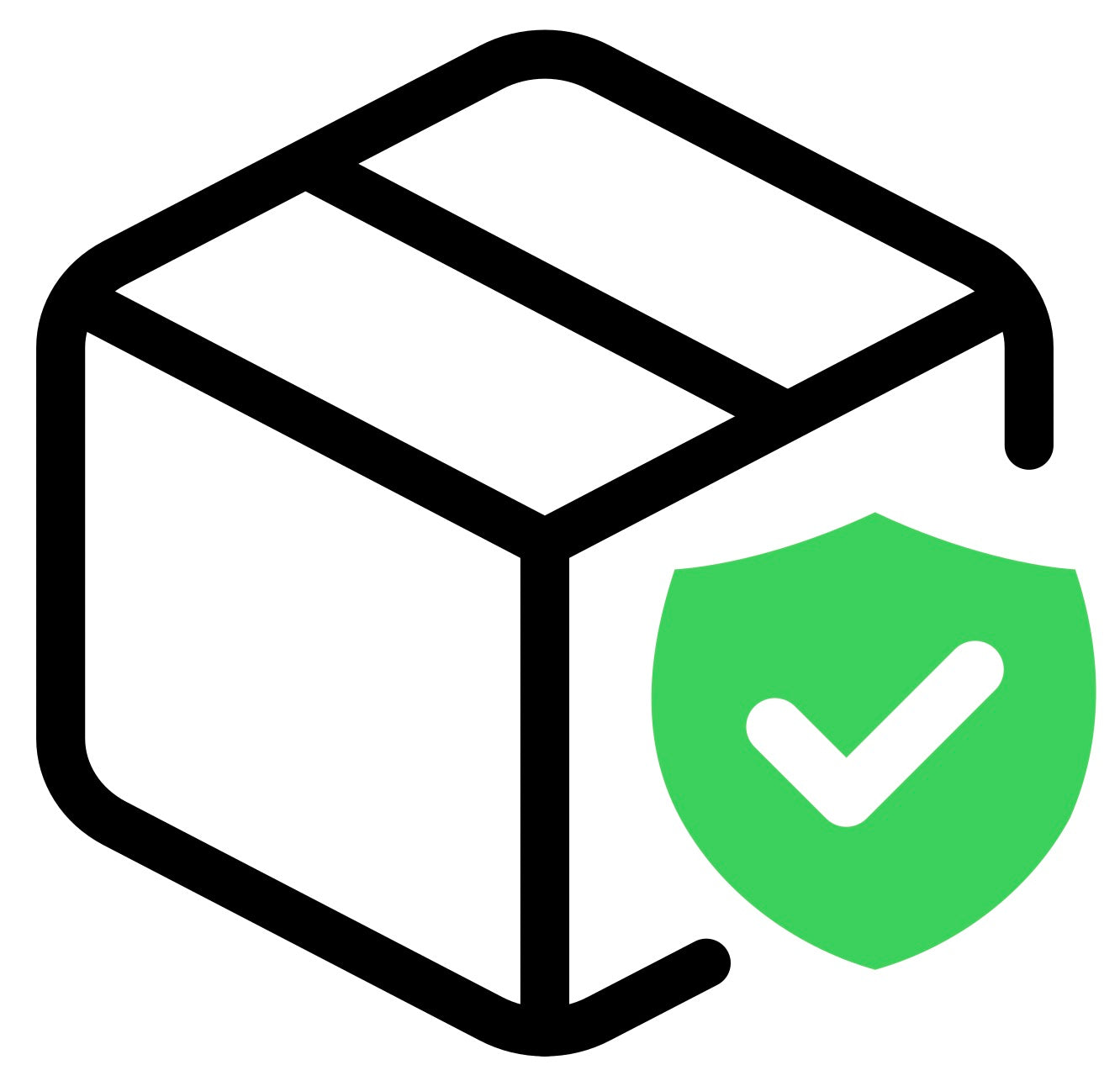 A simple cube-shaped box icon features a green shield with a white checkmark, symbolizing security or assurance, representing the robust Shipping Insurance Policy.
