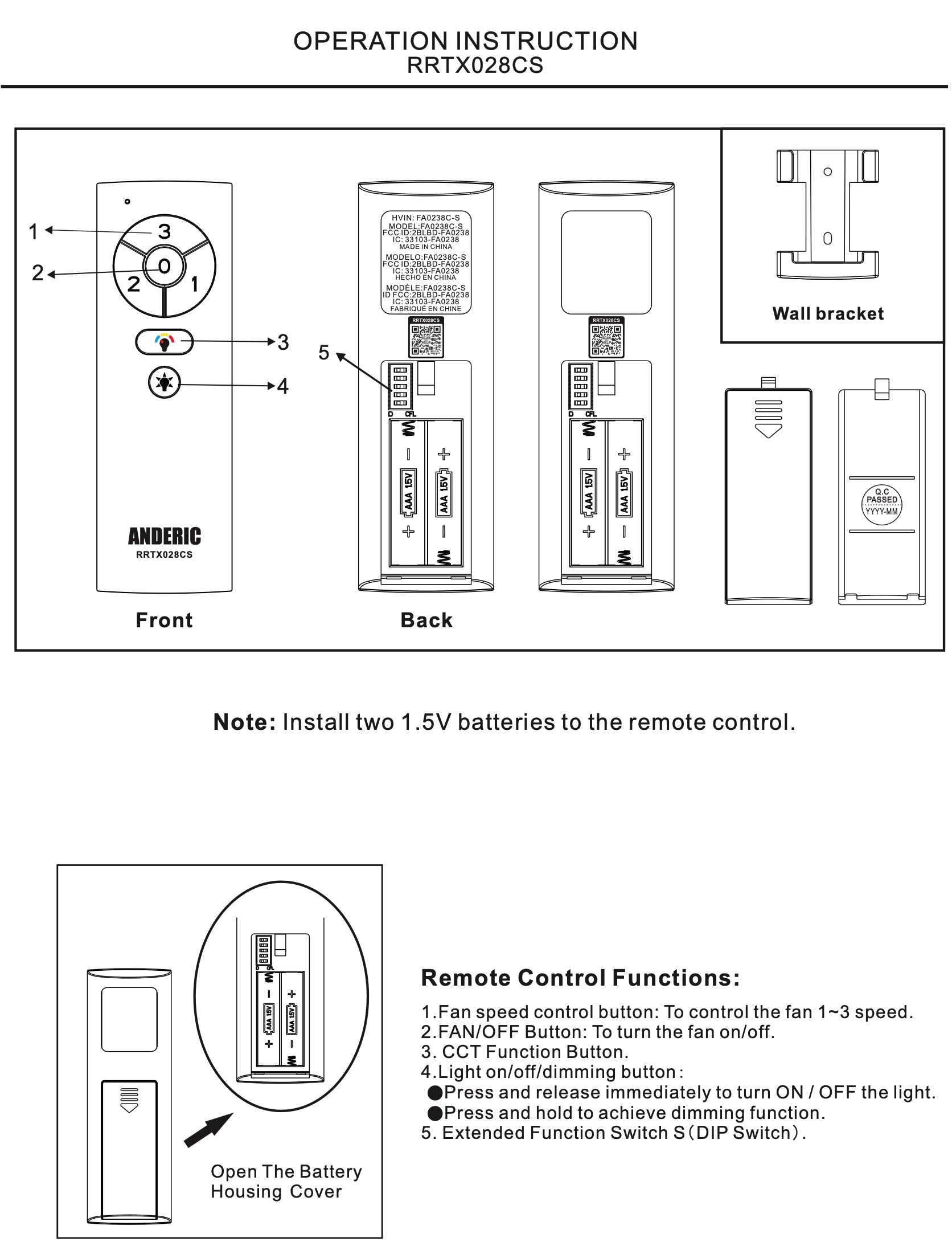 Diagram illustrating the Anderic TX028C-S Ceiling Fan Remote Control for Hampton Bay and Home Decorators Collection shows battery installation, button functions for fan/light control, wall bracket setup, and DIP switch features for easy understanding of your replacement remote.