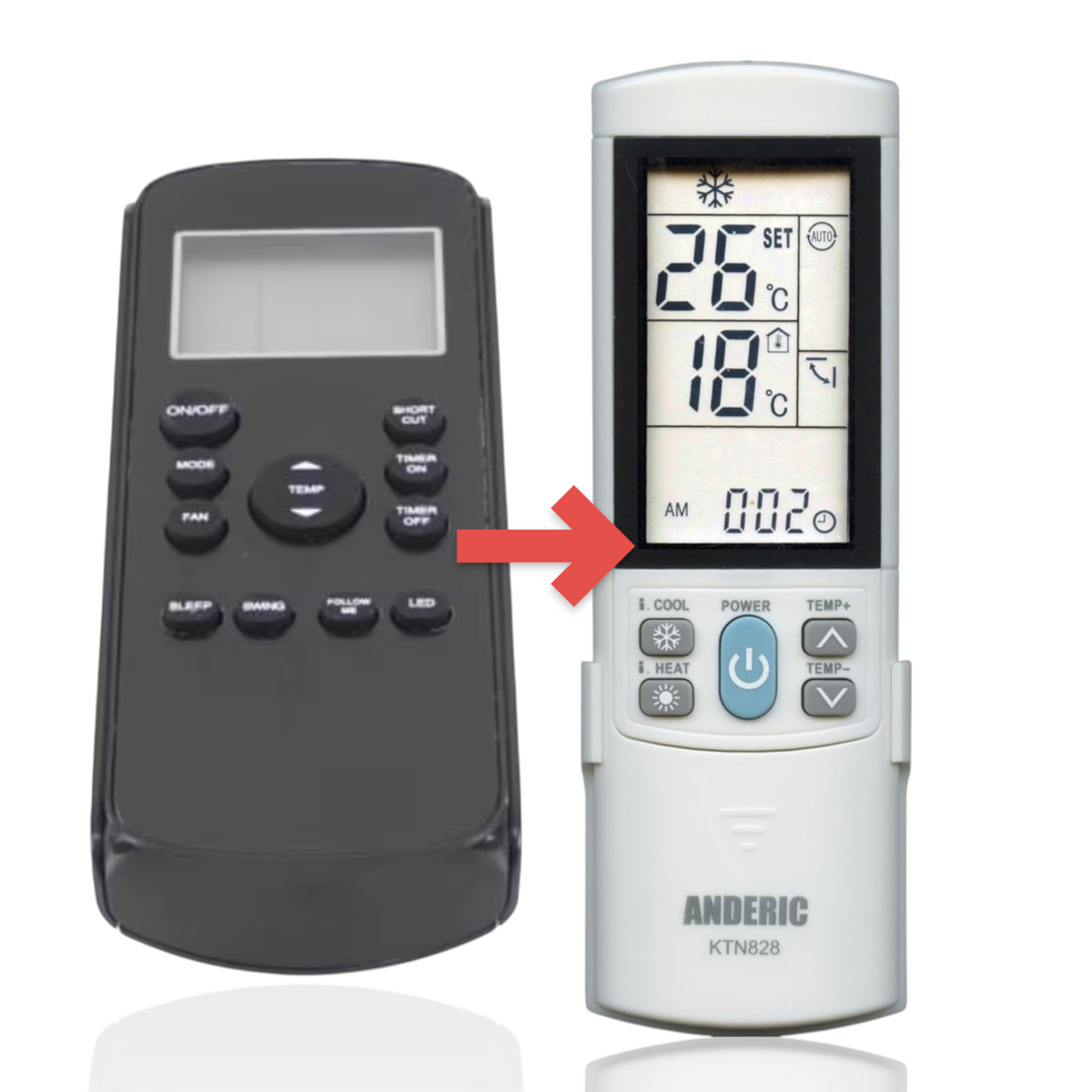Anderic KTN828 universal air conditioner remote control with backlit LCD display and white plastic casing