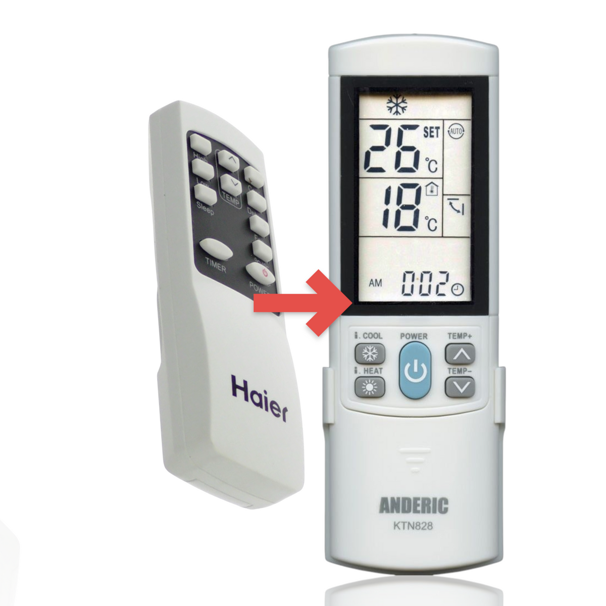 Anderic replacement remote control for Haier air conditioners with white casing and black button interface