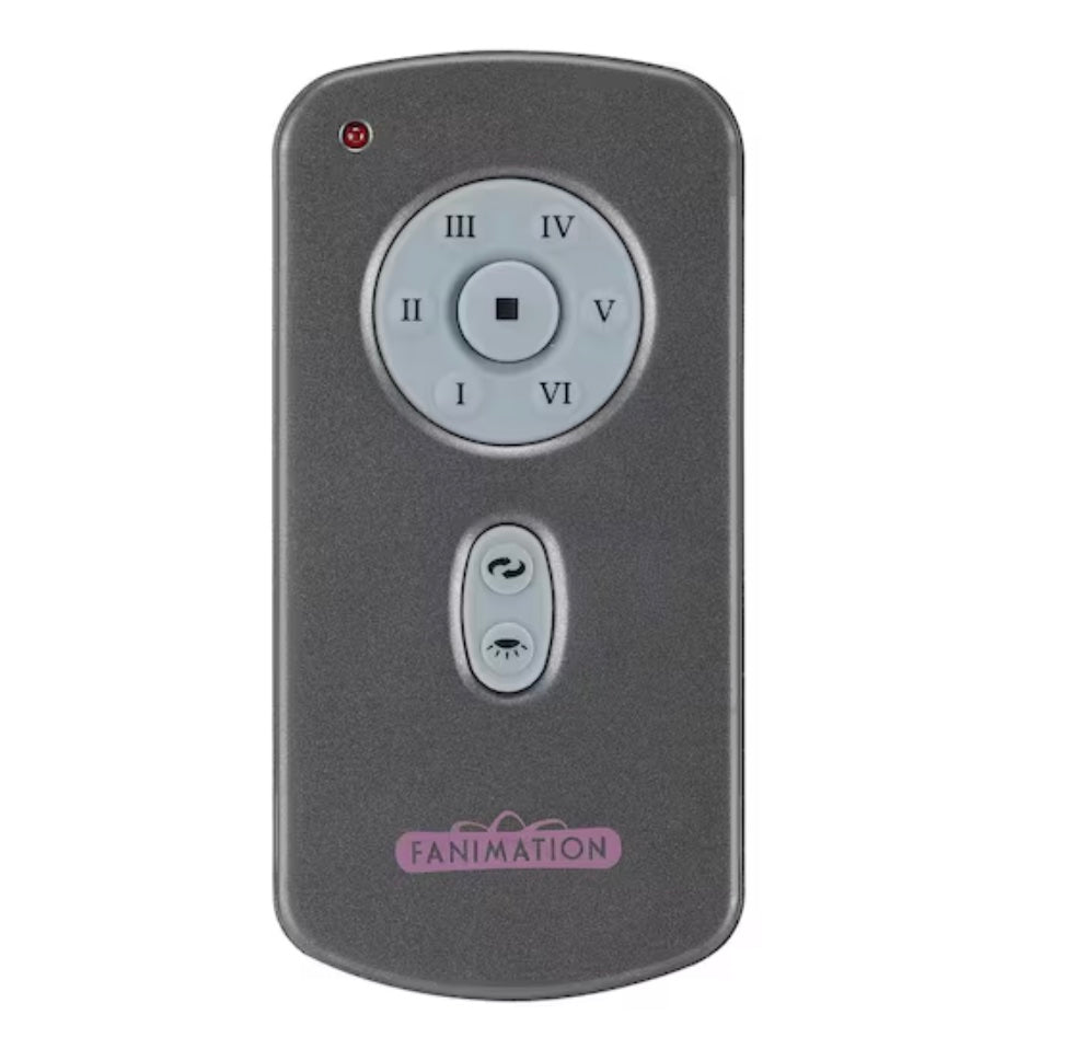 The Fanimation RH787T Gray Hand Held DC Motor Ceiling Fan Remote Control (TR29) features six numbered speed settings, a stop button, and two function buttons, shown against a white background.