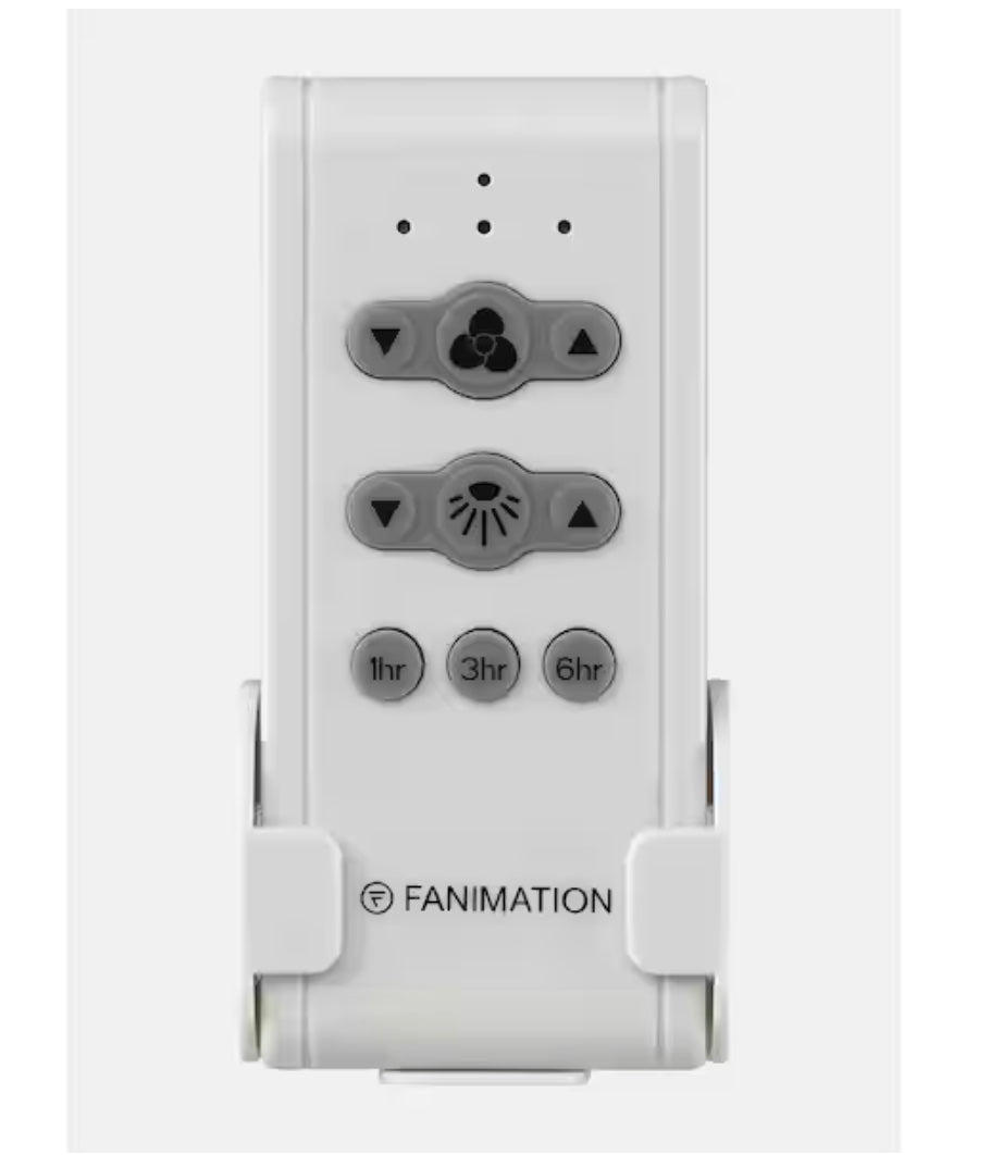 A white FANIMATION brand ceiling fan remote control with a receiver and a hand-held transmitter with gray and black buttons.