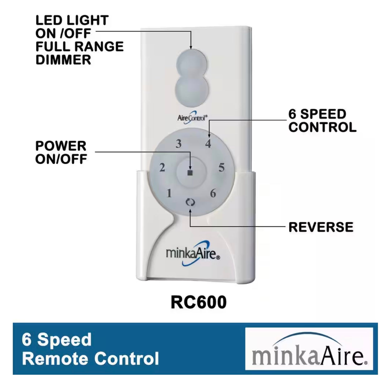Minka-Aire AireControl 6-Speed 32 Bit Dimmer Handheld Ceiling Fan Remote Control - White - RC600, DL-4510, 2A767-DL4510