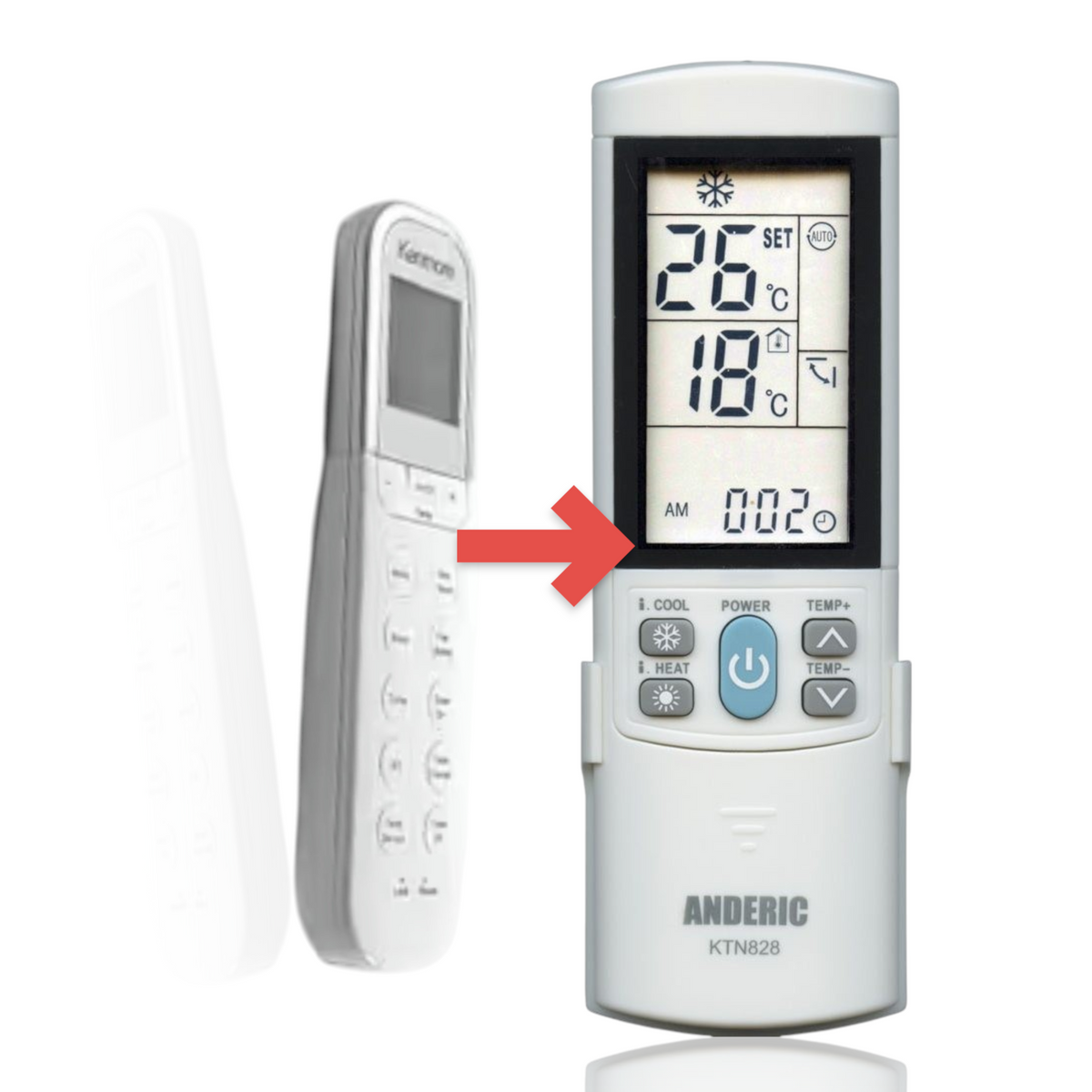 Anderic KTN828 white universal air conditioner remote control with backlit LCD screen and numeric keypad