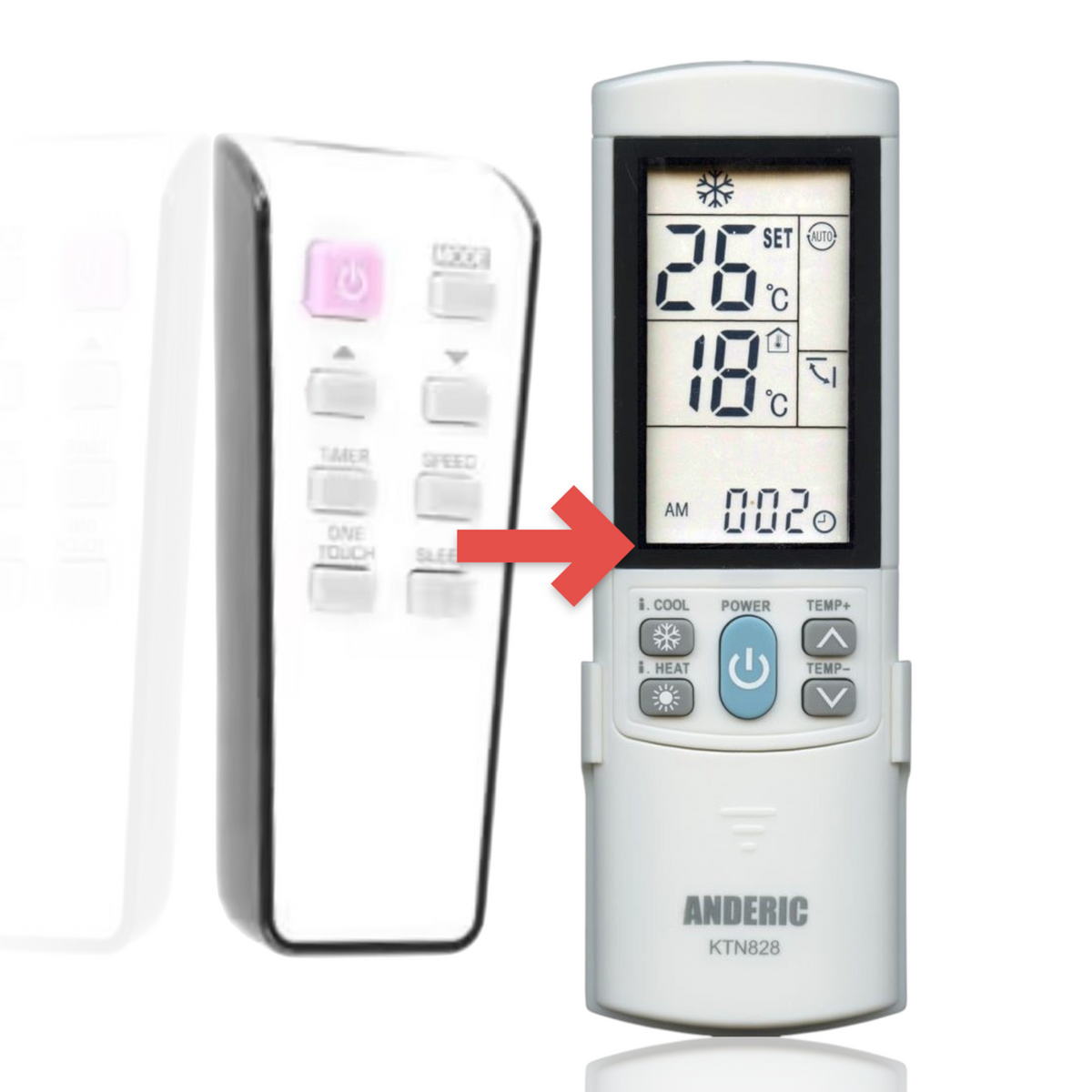 Anderic KTN828 replacement remote control for Midea air conditioners with white casing and pink power button