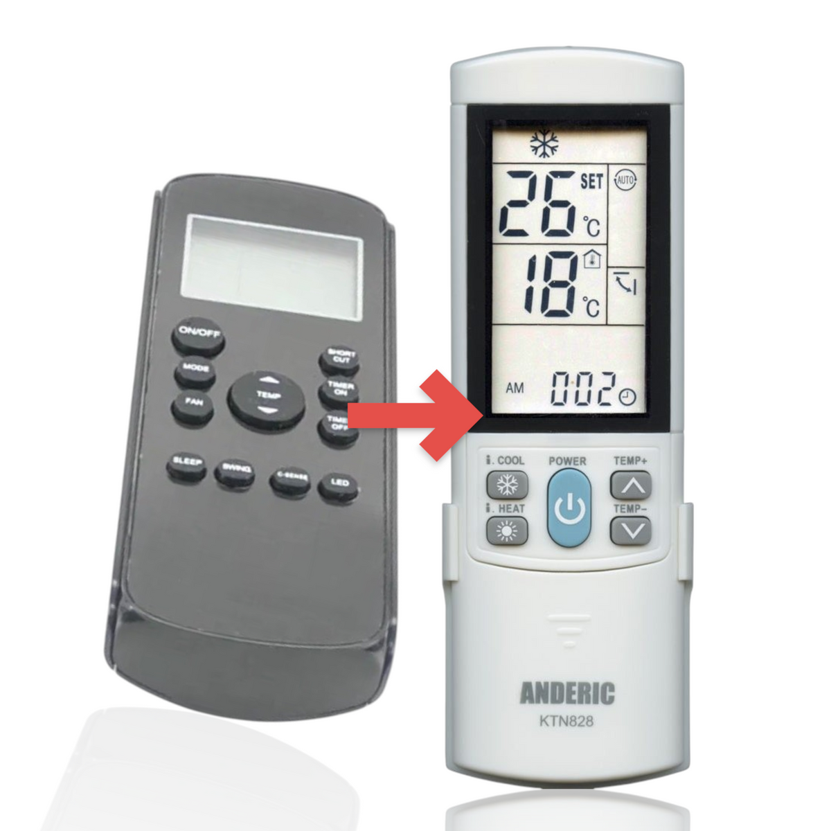 Anderic KTN828 universal air conditioner remote control with backlit LCD display and black button interface