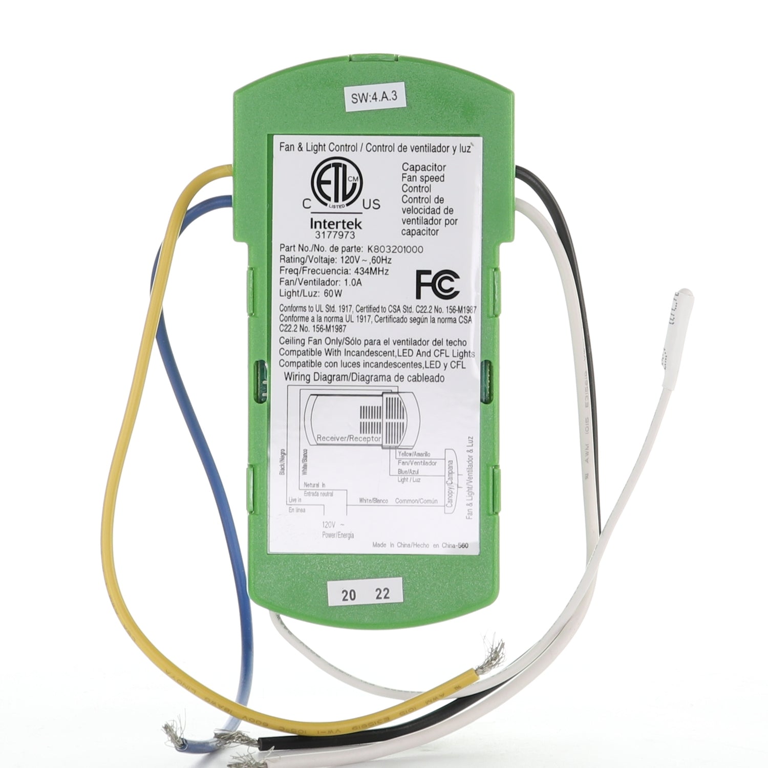 Hampton Bay / Hunter K803201000 3-Speed Ceiling Fan Receiver - K803201000