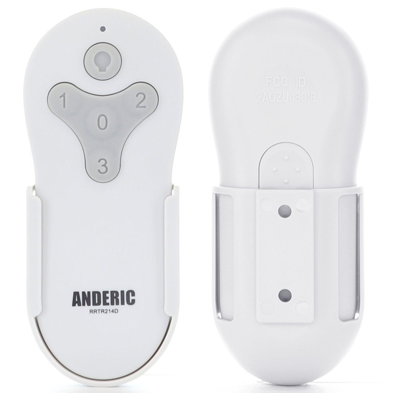 Front and back view of the Anderic TR214D RRTR214D ceiling fan remote control for KUJCE10311, KUJCE10712, and TR214B, featuring three numbered buttons and a wall-mount holder—perfect Harbor Breeze replacement.