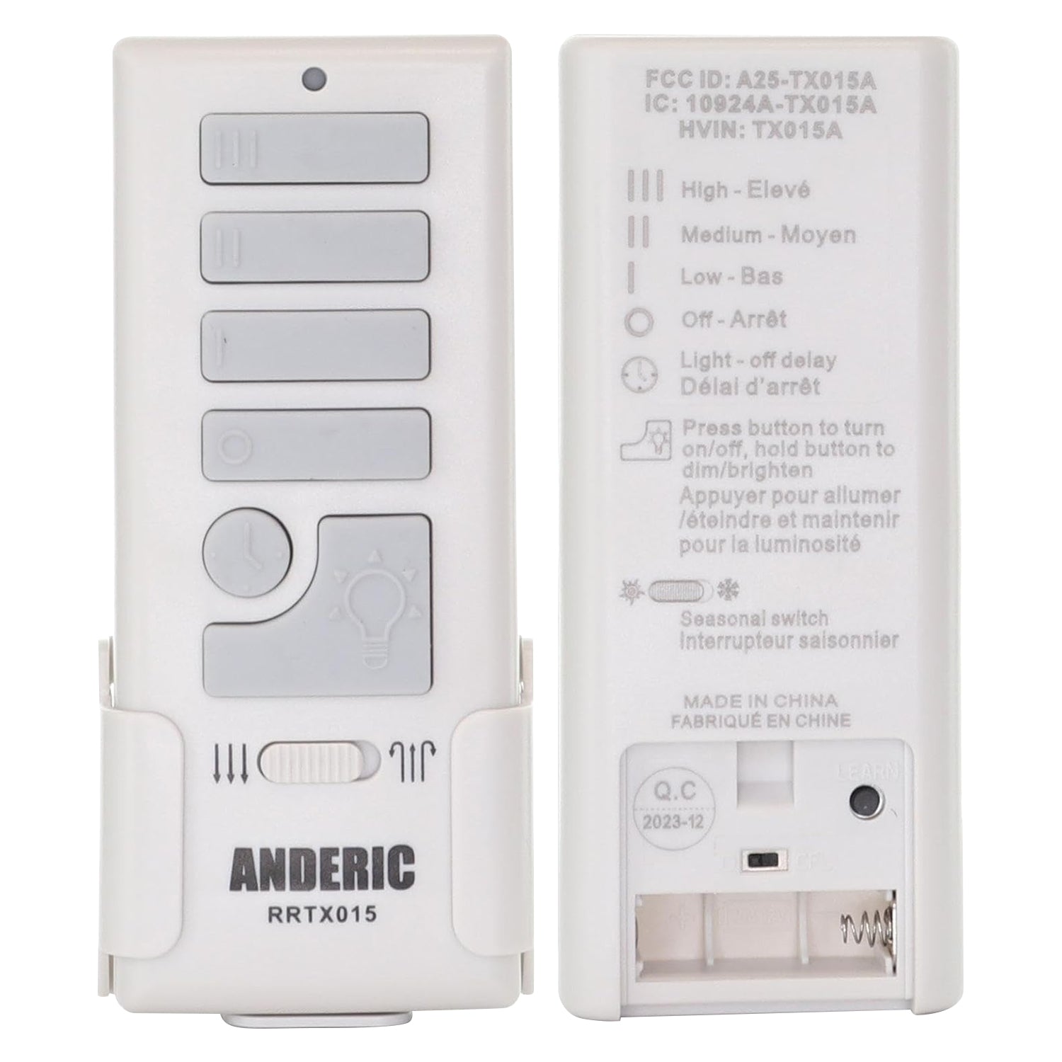 Control remoto Anderic A25-TX015A para ventilador de techo Harbor Breeze - RRTX015
