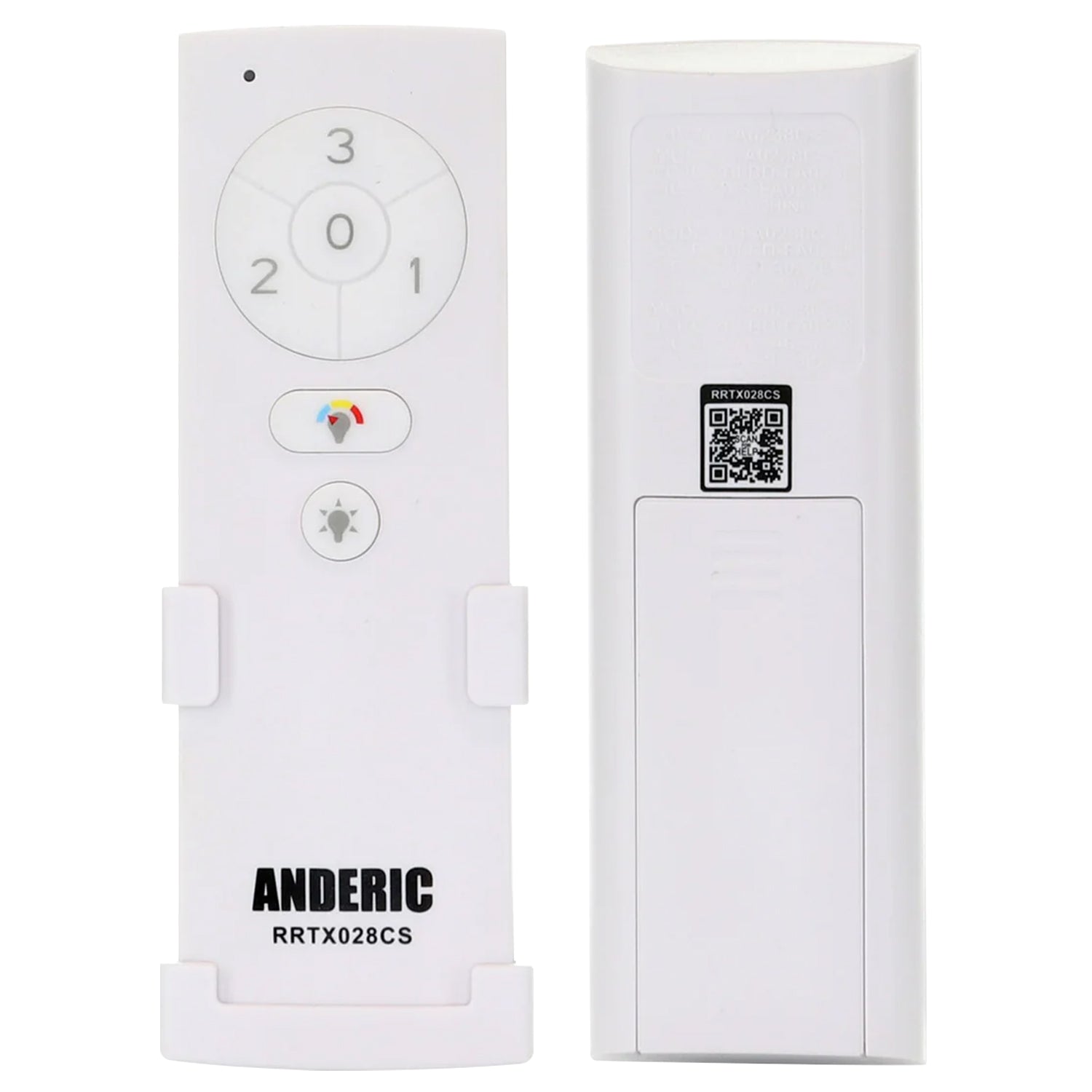 Front and back view of a white Anderic TX028C-S ceiling fan remote (RRTX028CS) for Hampton Bay and Home Decorators Collection, showing buttons labeled 0-3 plus symbols like a star and colored arcs; replaces A25-TX028C-S.