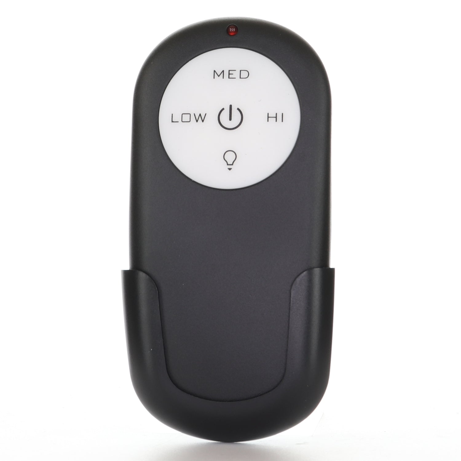 The Home Decorators Collection Merwry Ceiling Fan Replacement Remote Control (13431102701301, DL-4112T-01, 2A767-DL-4112T-01) is black with a white circular panel featuring buttons labeled LOW, MED, HI, a power symbol, and a light bulb icon.