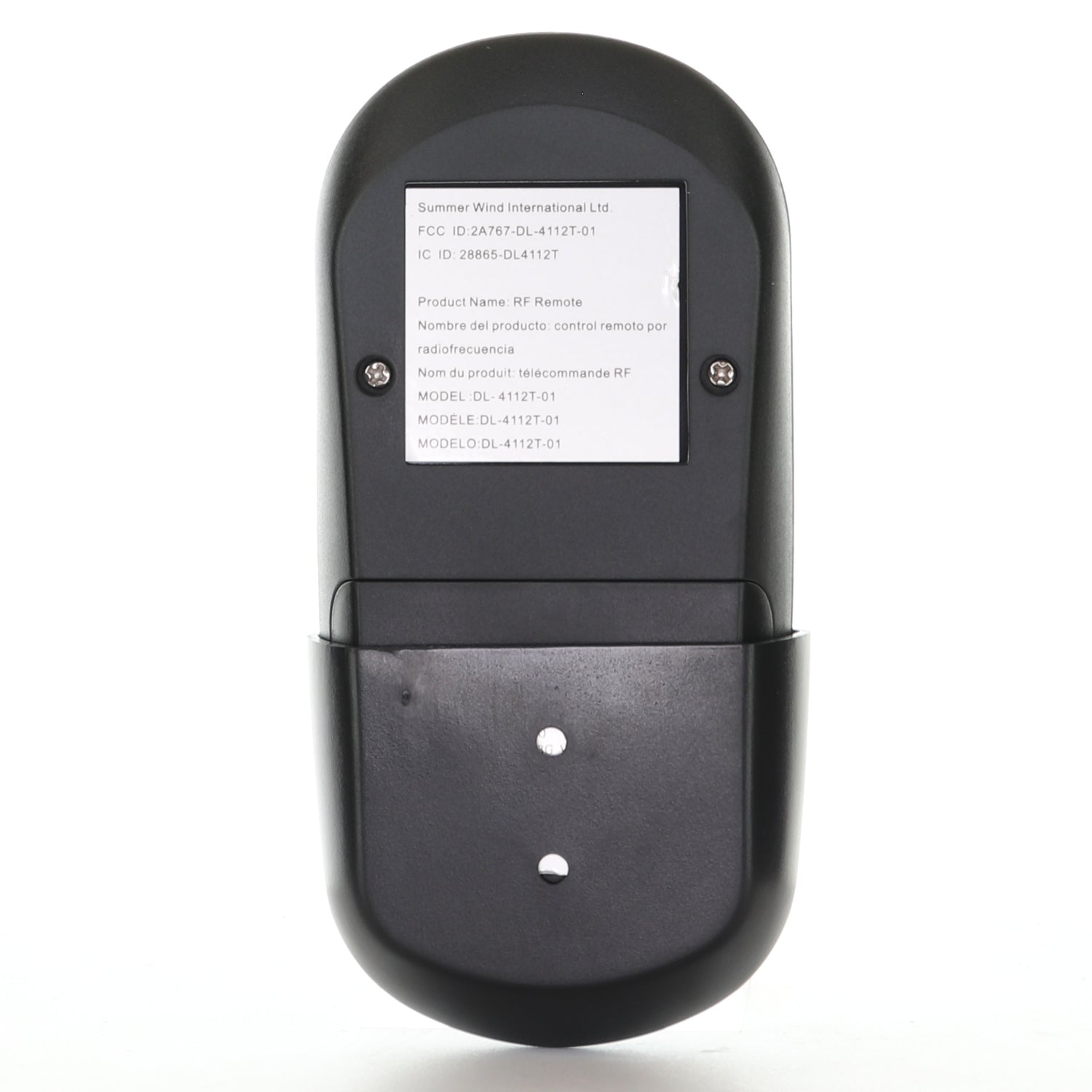 A black Home Decorators Collection Merwry Ceiling Fan Replacement Remote Control (13431102701301, DL-4112T-01, 2A767-DL-4112T-01) is shown from the back with a label displaying product and model information under two screws.