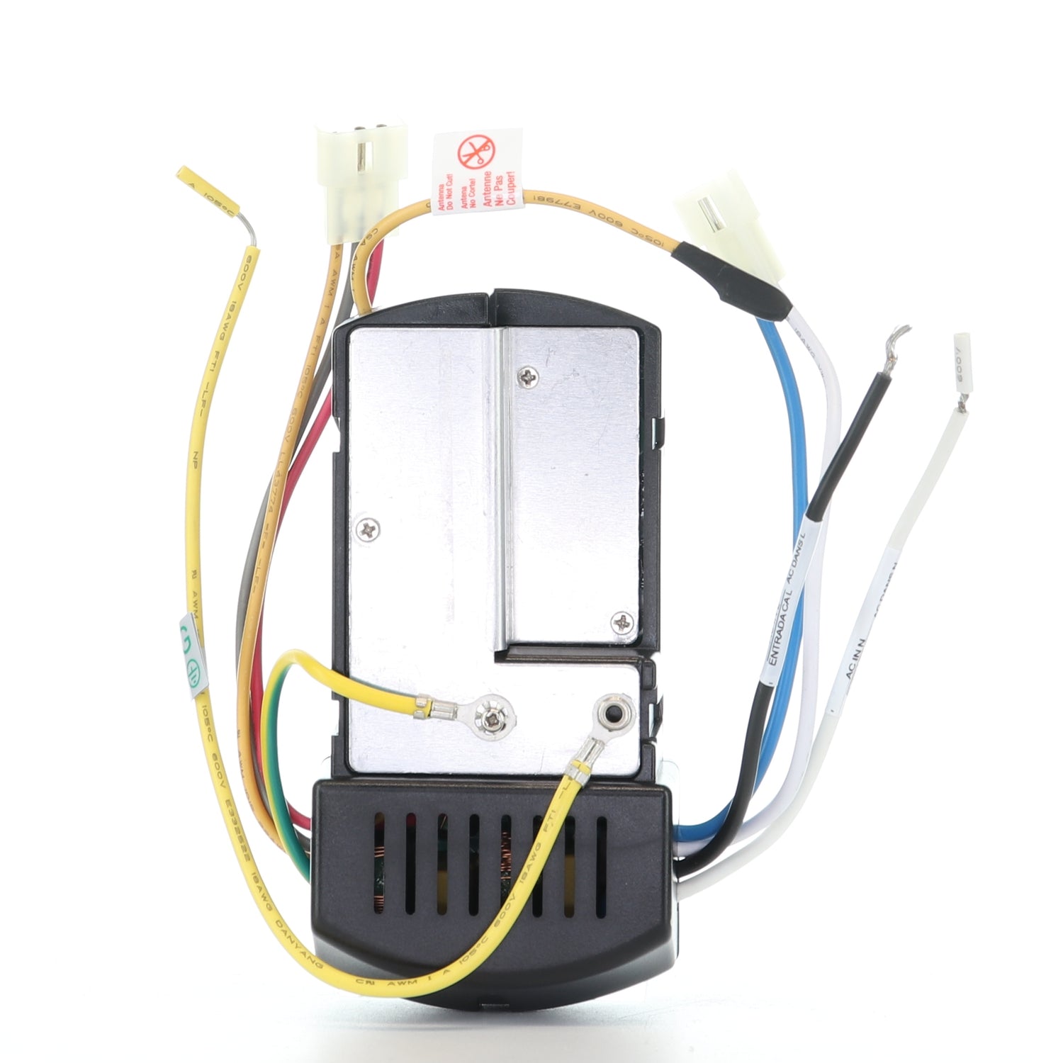 The Anderic MR205A-D Receiver is a metal and plastic electrical component with colored wires and connectors, shown on a white background—compatible with the Home Decorators Collection Marlon 66" Ceiling Fan.