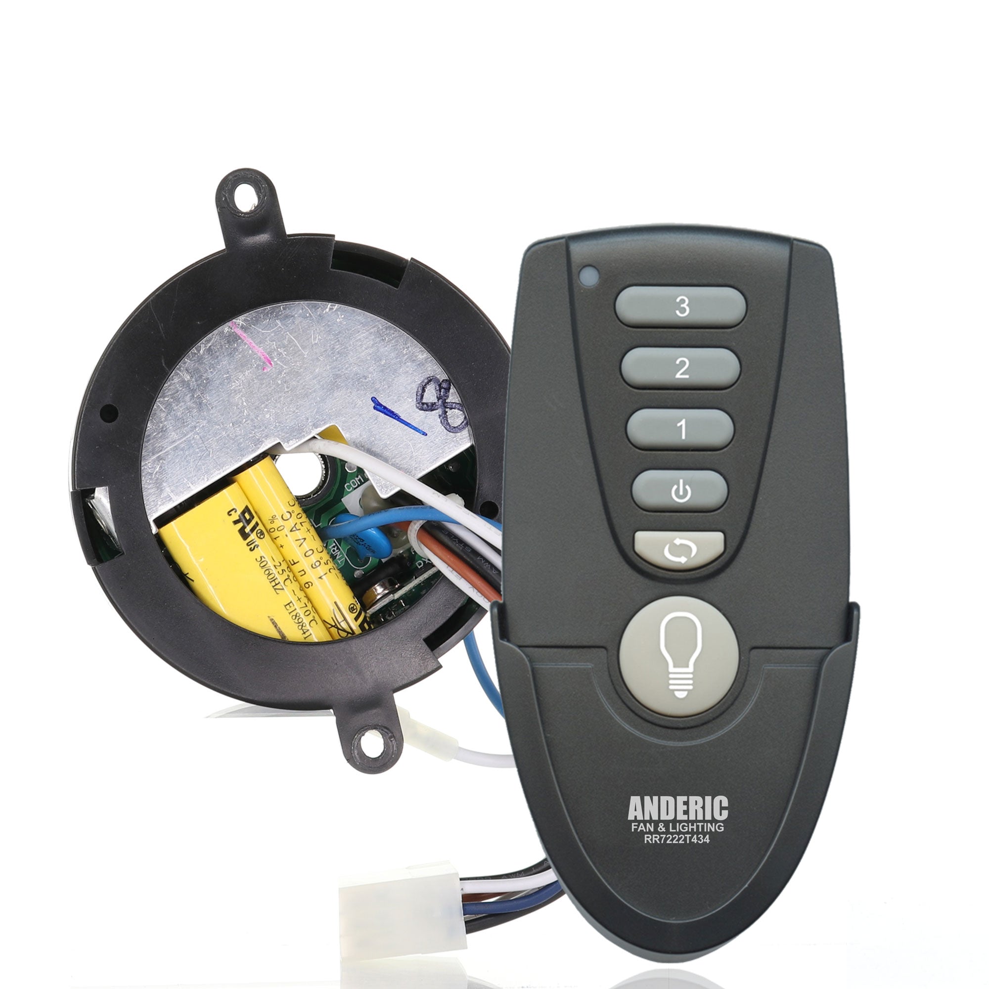 The Anderic MR77A with RR7222T434 kit is a remote control and receiver for the Home Decorators Collection Altura 68 Inch Ceiling Fan. It features a receiver with exposed wiring and a remote with buttons numbered 1 to 4 plus a light bulb icon, ideal as an Altura fan replacement.