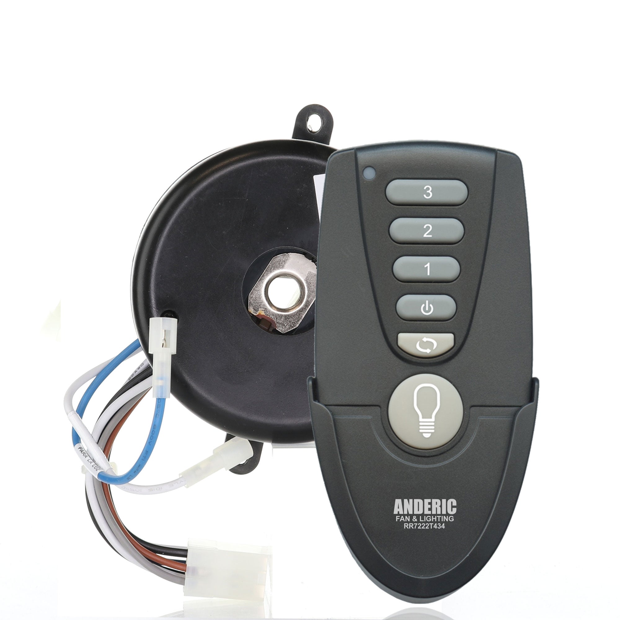 Upgrade your Hampton Bay setup with the Anderic MR77A kit for Altura 68" fans. It includes a remote control with buttons numbered 0-3 and a light icon, ensuring easy wire connection to the receiver for seamless integration.