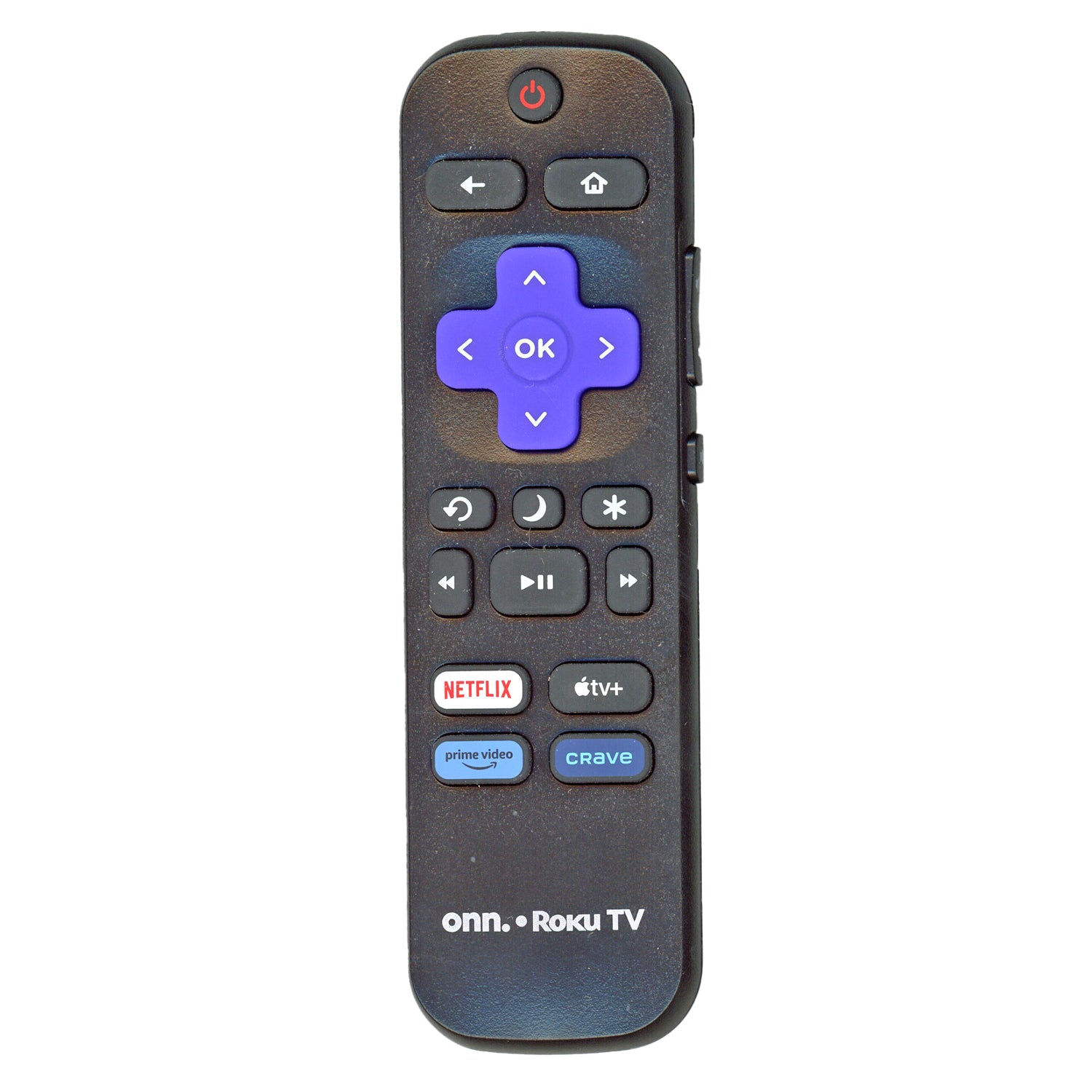 The ONN RC-ALIR 2024 Roku TV Remote Control features purple navigation buttons and quick-access buttons for Netflix, Prime Video, and Apple TV+, making it perfect for your 2024 entertainment setup.