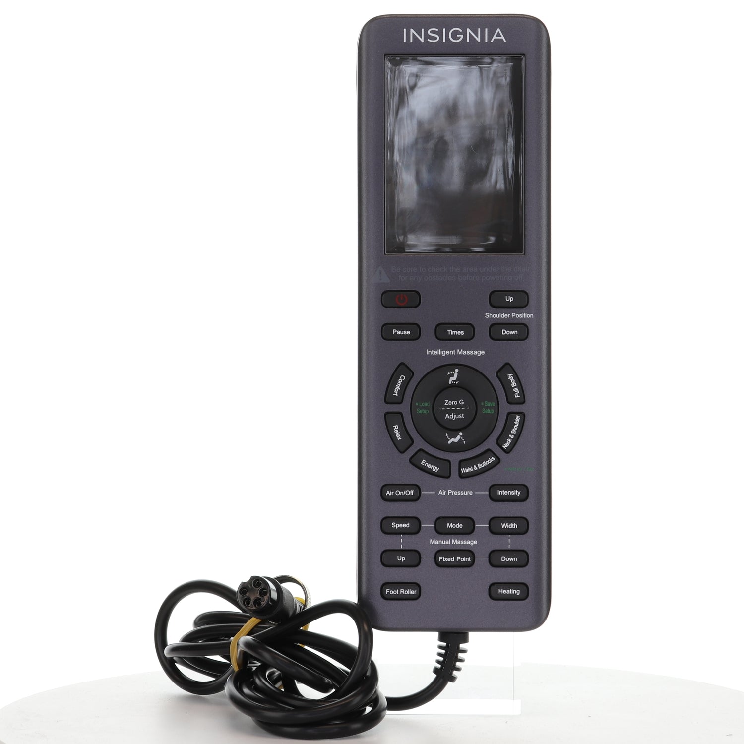 The Insignia 2D Zero Gravity Full Body Massage Chair Remote Control (P3101006468) is a sleek black device with a digital screen and function-labeled buttons, designed specifically for the Insignia Massage Chair, featuring a coiled cable for seamless integration into your massage experience.