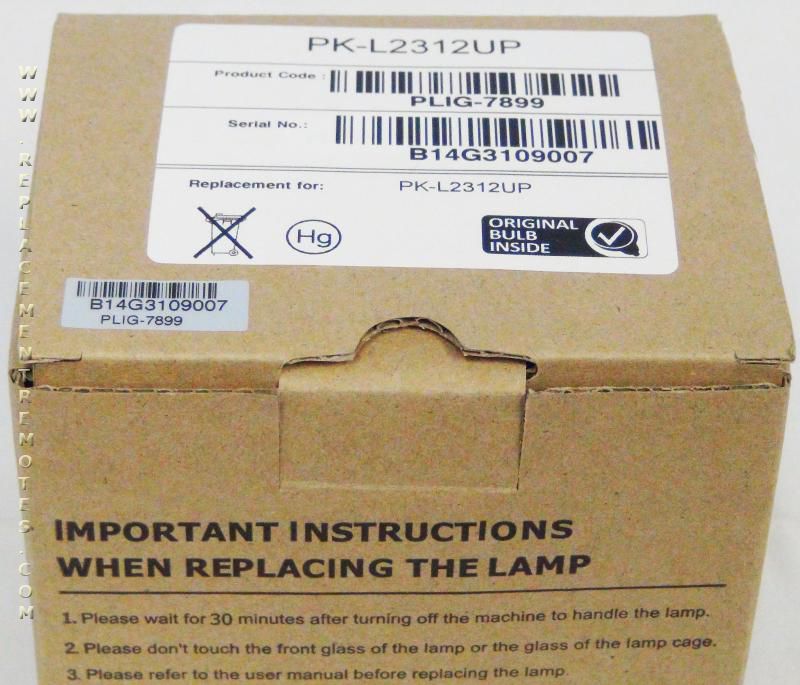 Cardboard box for a Generic PKL2312UP JVC Projector Lamp Assembly, showing product code PK-L2312UP and serial number B14G3109007. Includes installation instructions with a Genuine Original Ushio Bulb.