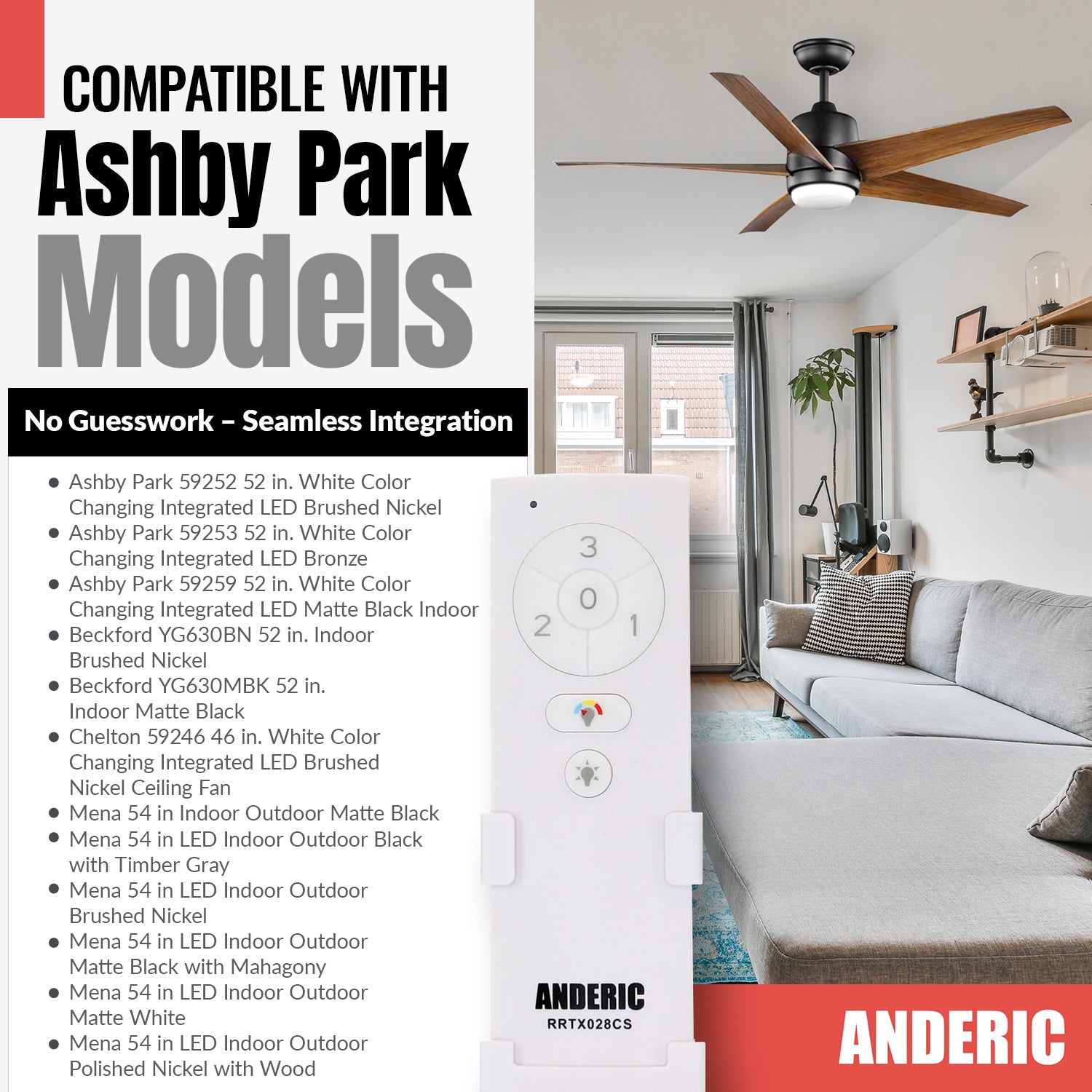 Ceiling fan remote compatibility chart for Ashby Park and Beckford with Anderic TX028C-S for Hampton Bay & Home Decorators Collection (RRTX028CS). Remote, modern bedroom, and ceiling fan pictured in background.