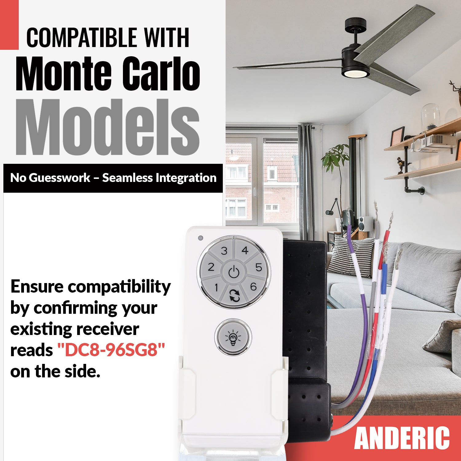 Anderic DC896SG8-DC1-KIT Replacement Ceiling Fan Kit | DC8-96SG8 Receiver & DC1 Remote Control