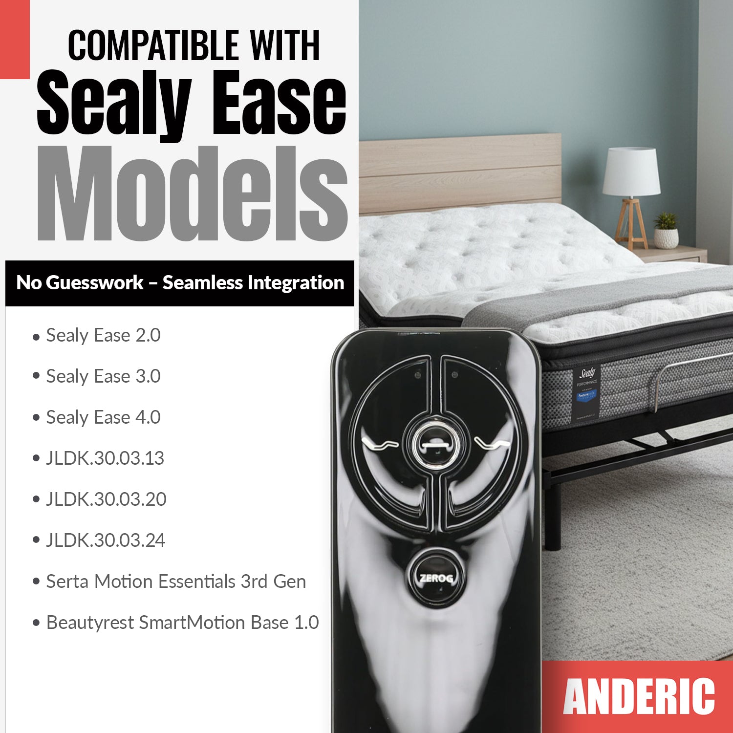 Anderic RR399A Replacement Adjustable Bed Frame Remote Control for Sealy, Serta, Ease, Beautyrest, SmartMotion | RF399A, RF368B