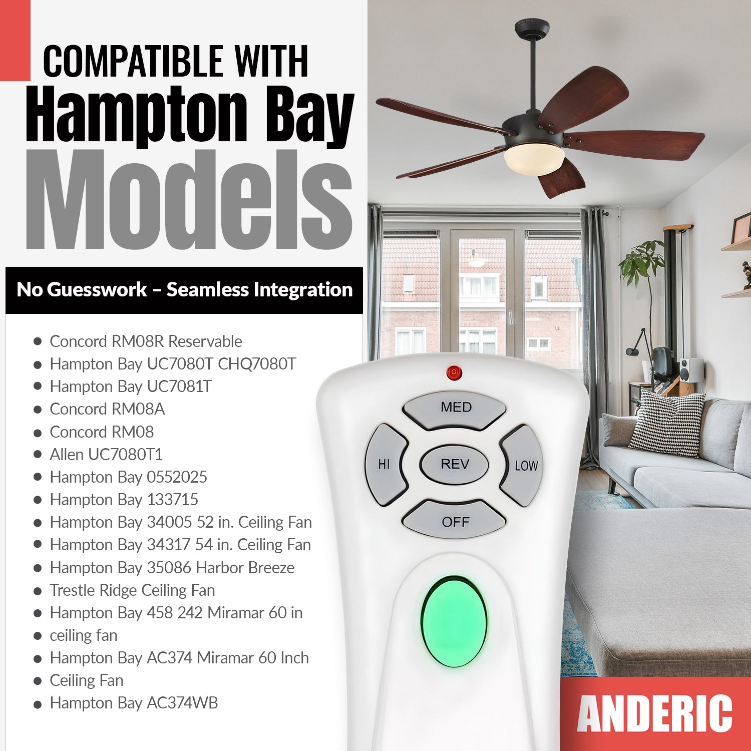 Anderic RR7080T (UC7080T) Ceiling Fan Remote Control for Hampton Bay | CHQ7080T | Up Light | Down Light | Reverse