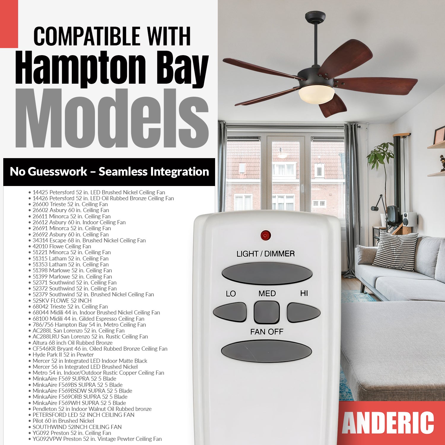 Anderic RR7079T Replacement Ceiling Fan Remote Control for Hampton Bay and others - UC7078T / FAN-HD