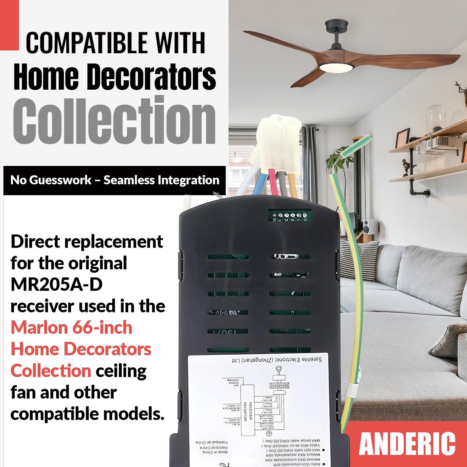 Anderic MR205A-D Replacement Ceiling Fan Receiver for Home Decorators Collection Marlon 66" Inch