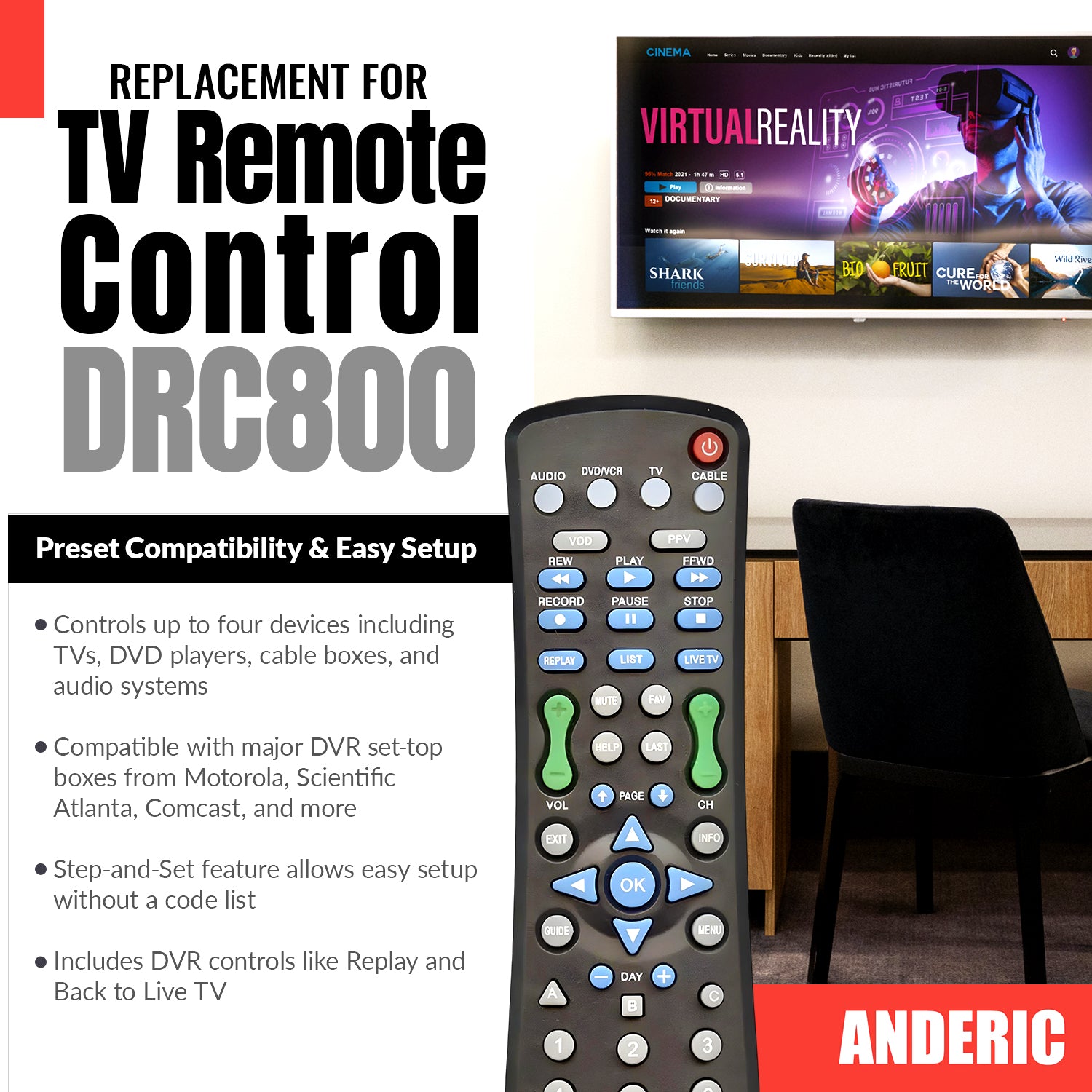 Anderic DRC800 DVR and Cable Box Remote Control for Motorola, Scientific Atlanta, and others