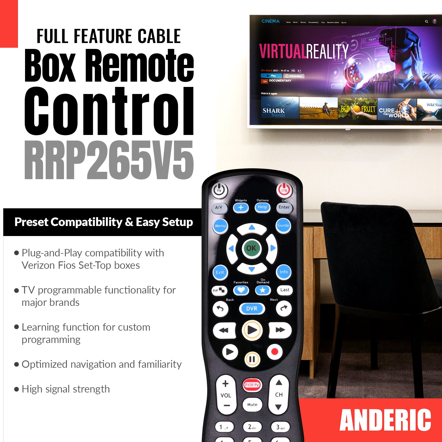 Anderic RRP265V5 Replacement 2-Device Universal Remote Control for Verizon FiOS Cable - P265v5