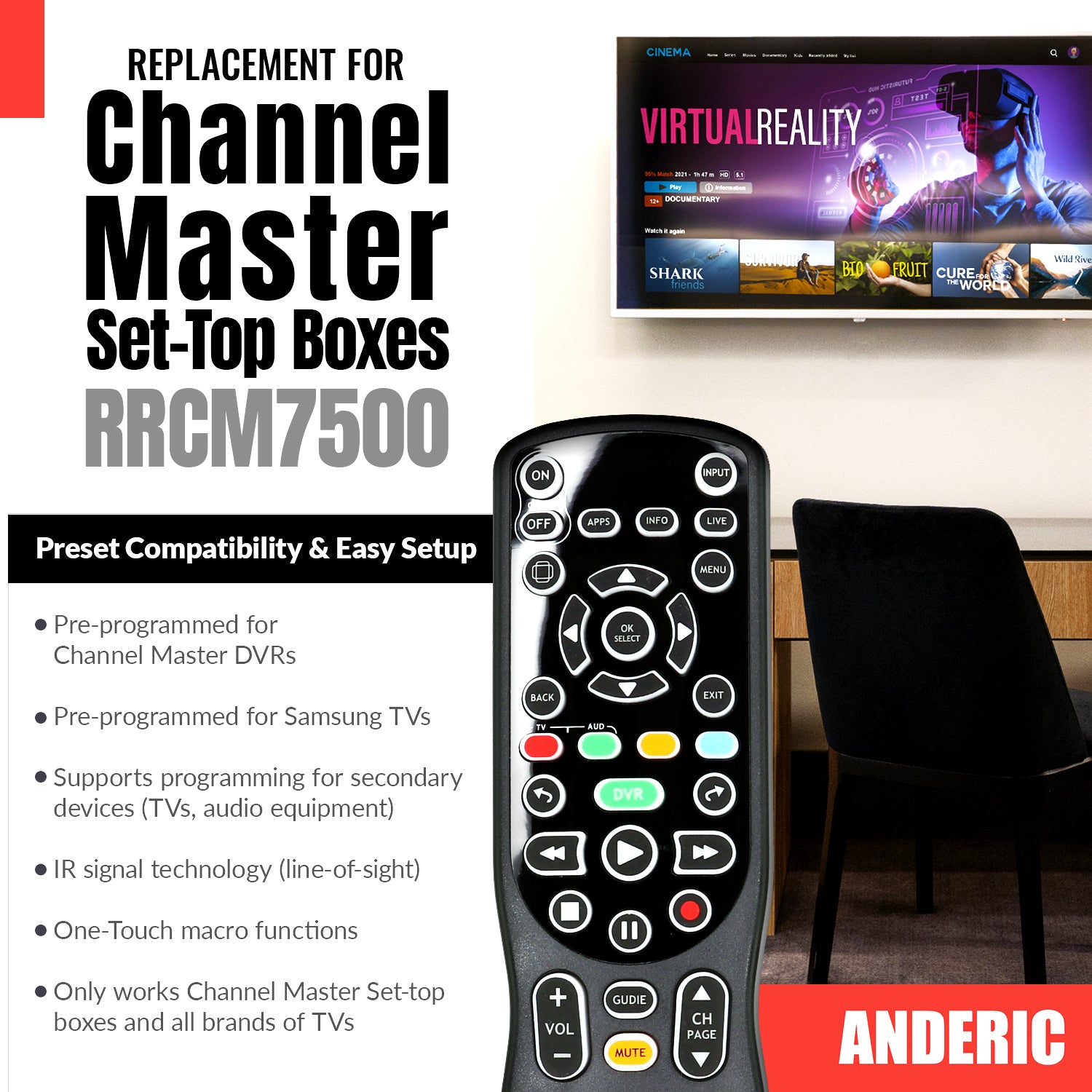 Control remoto Anderic CM7500XRC2 para grabadora de video digital Channel Master DVR - RRCM7500