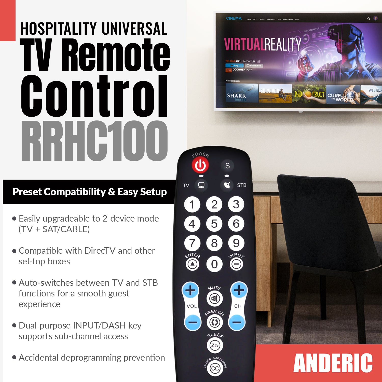 Control remoto universal Anderic RRHC100 EzWipe para hotelería, TV y cable, DTV y decodificadores.