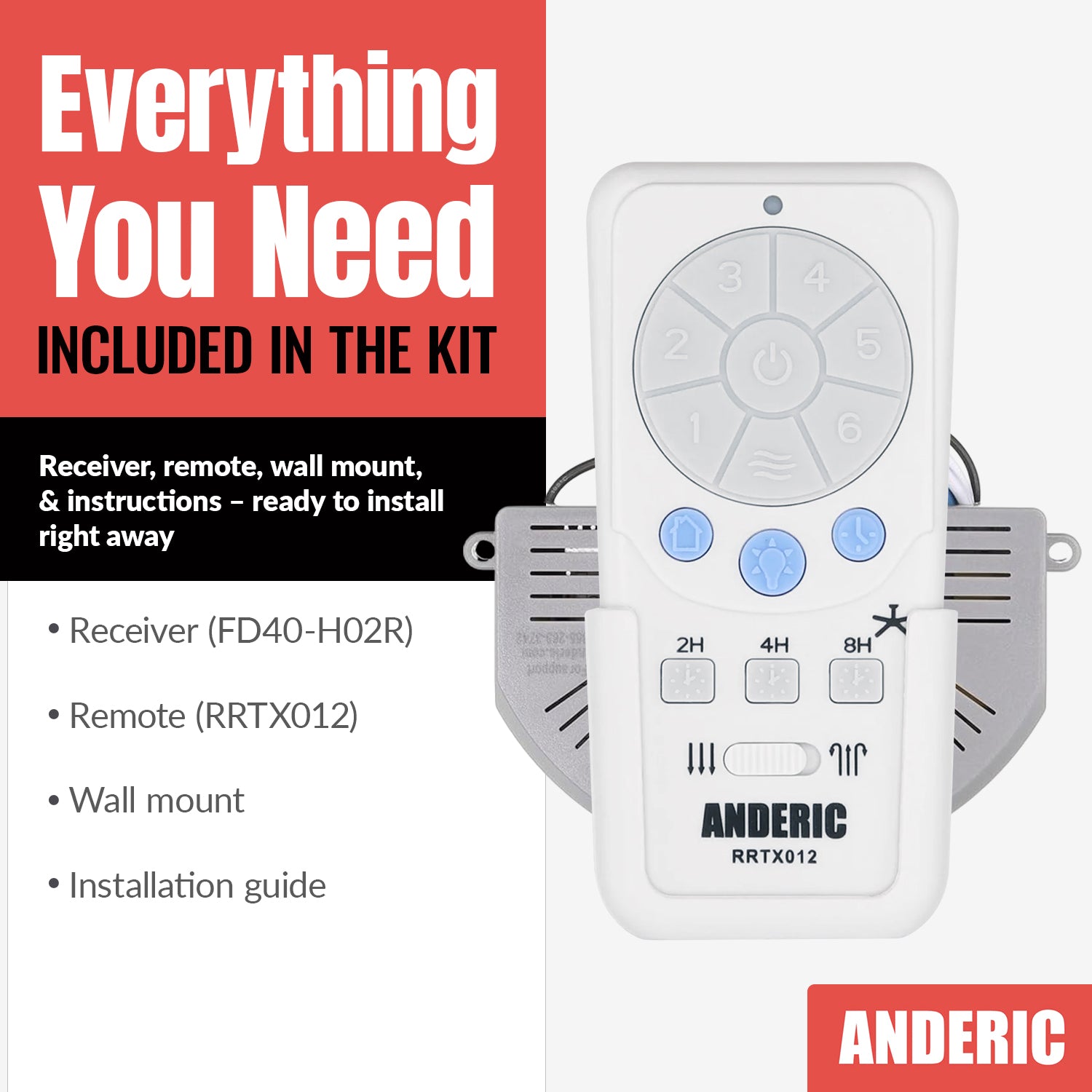 Anderic RRTX012/FD40-H02R Replacement Ceiling Fan Remote Control Kit