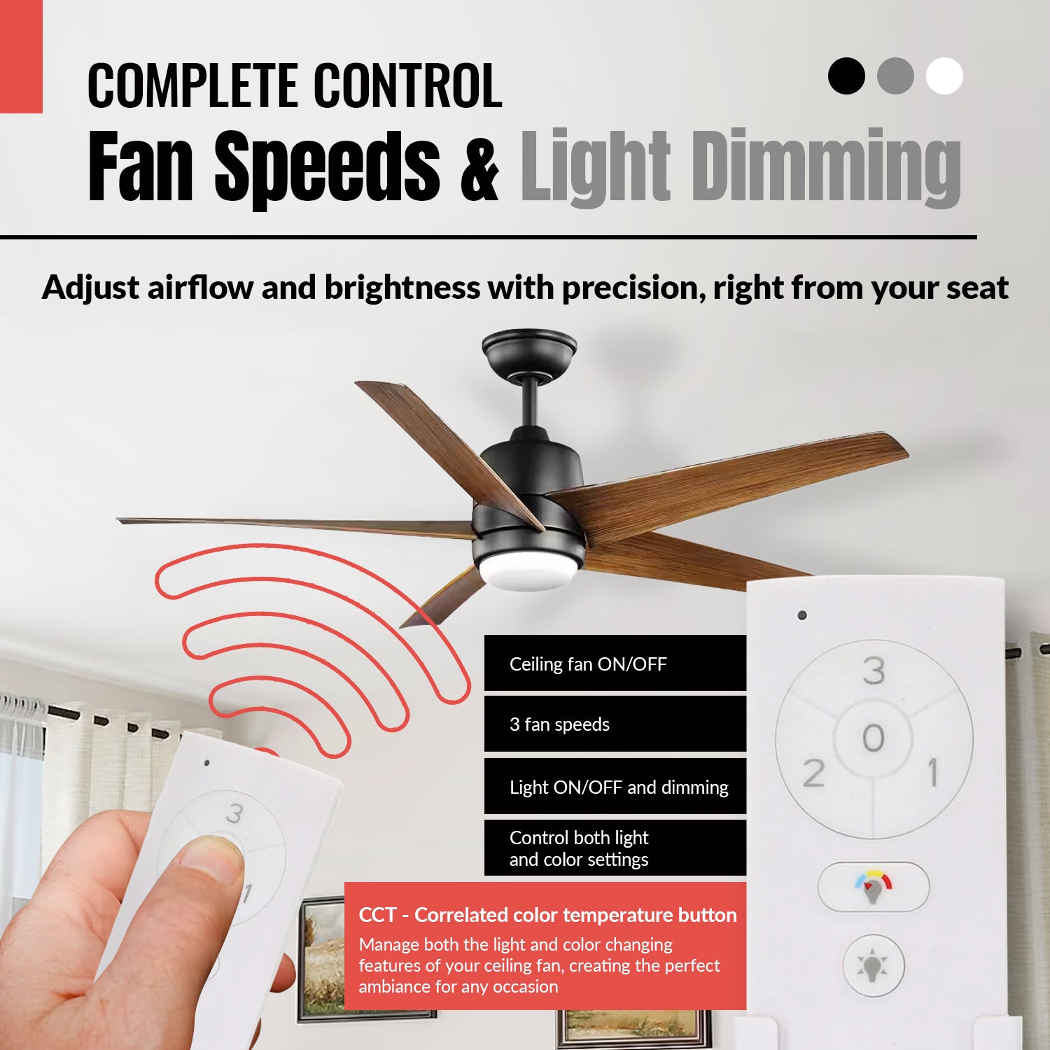 A hand holds the Anderic TX028C-S remote (for Hampton Bay and Home Decorators Collection fans), pointed at a wooden-blade fan; text notes features like adjustable speeds and light dimming.