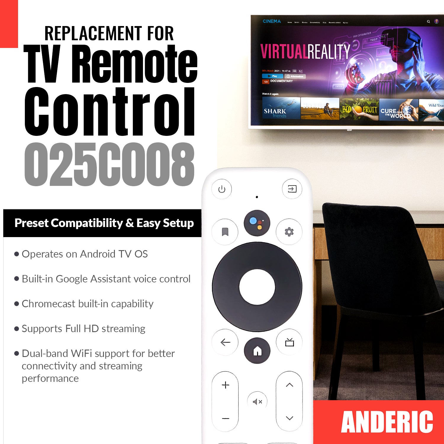 ONN 025C008 Android TV 2K FHD Streaming Stick / Dispositivo de transmisión 4K UHD Control remoto de transmisión