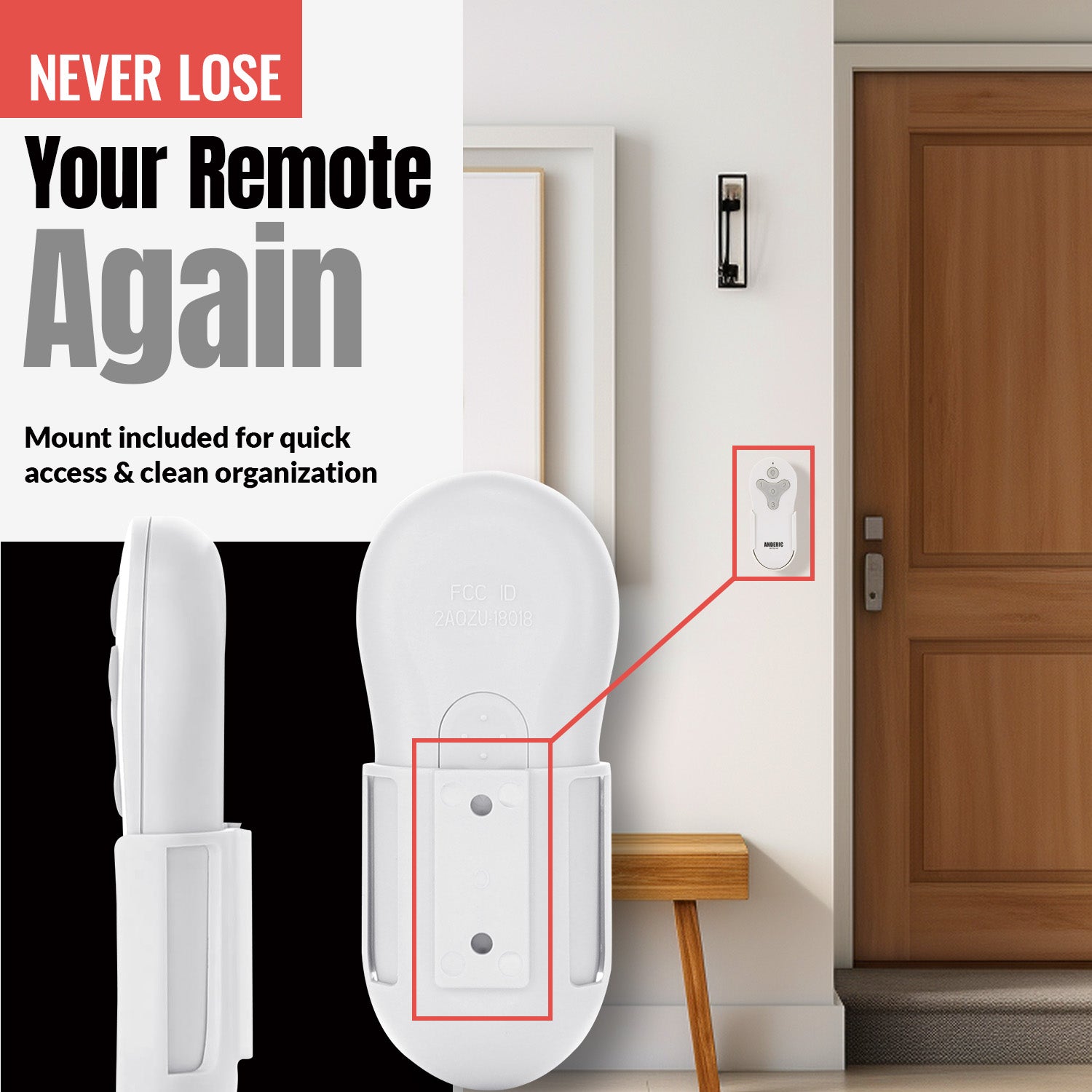 A white wall-mounted holder keeps your Anderic TR214D (for KUJCE10311/KUJCE10712/TR214B) Harbor Breeze Ceiling Fan Remote Control organized and easily accessible near your door.