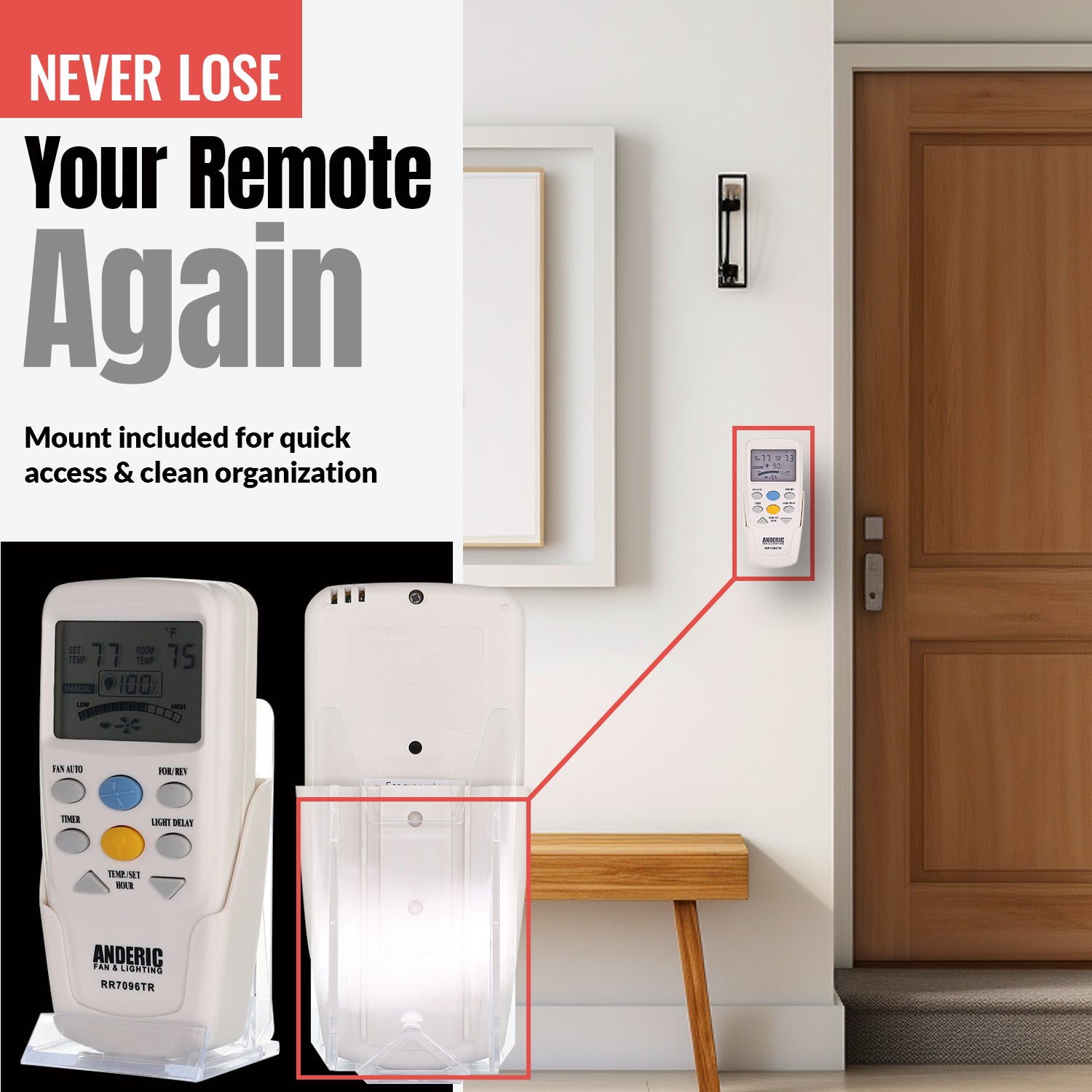 Télécommande pour ventilateur de plafond Anderic RR7096TR (CHQ8BT7096T / CHQ7096T) avec fonction marche arrière