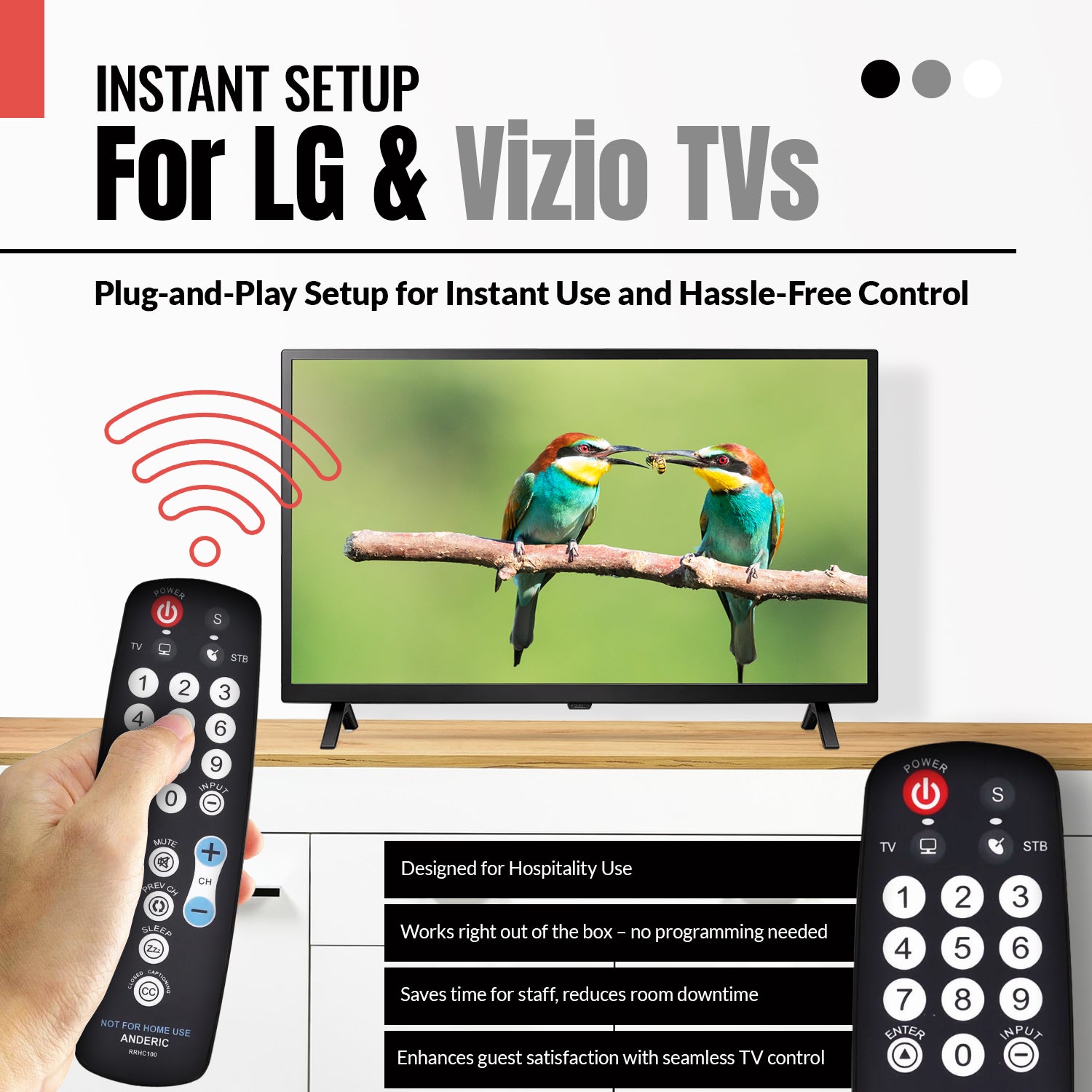 Anderic RRHC100 2-Device Universal Remote Control for Hospitality TV Cable Satellite STB with EzWipe Surface and Learning