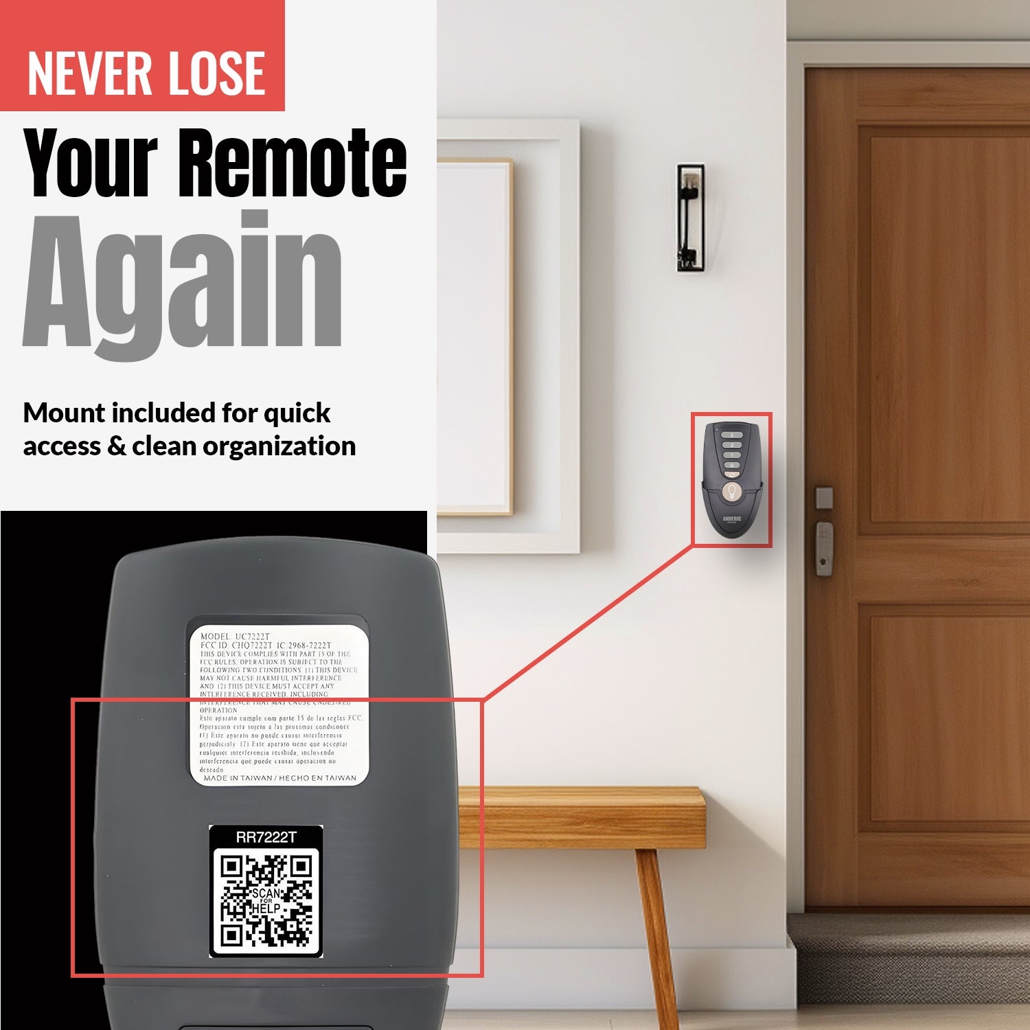 Control remoto Anderic UC7222T/CHQ7222T para ventilador de techo Hampton Bay