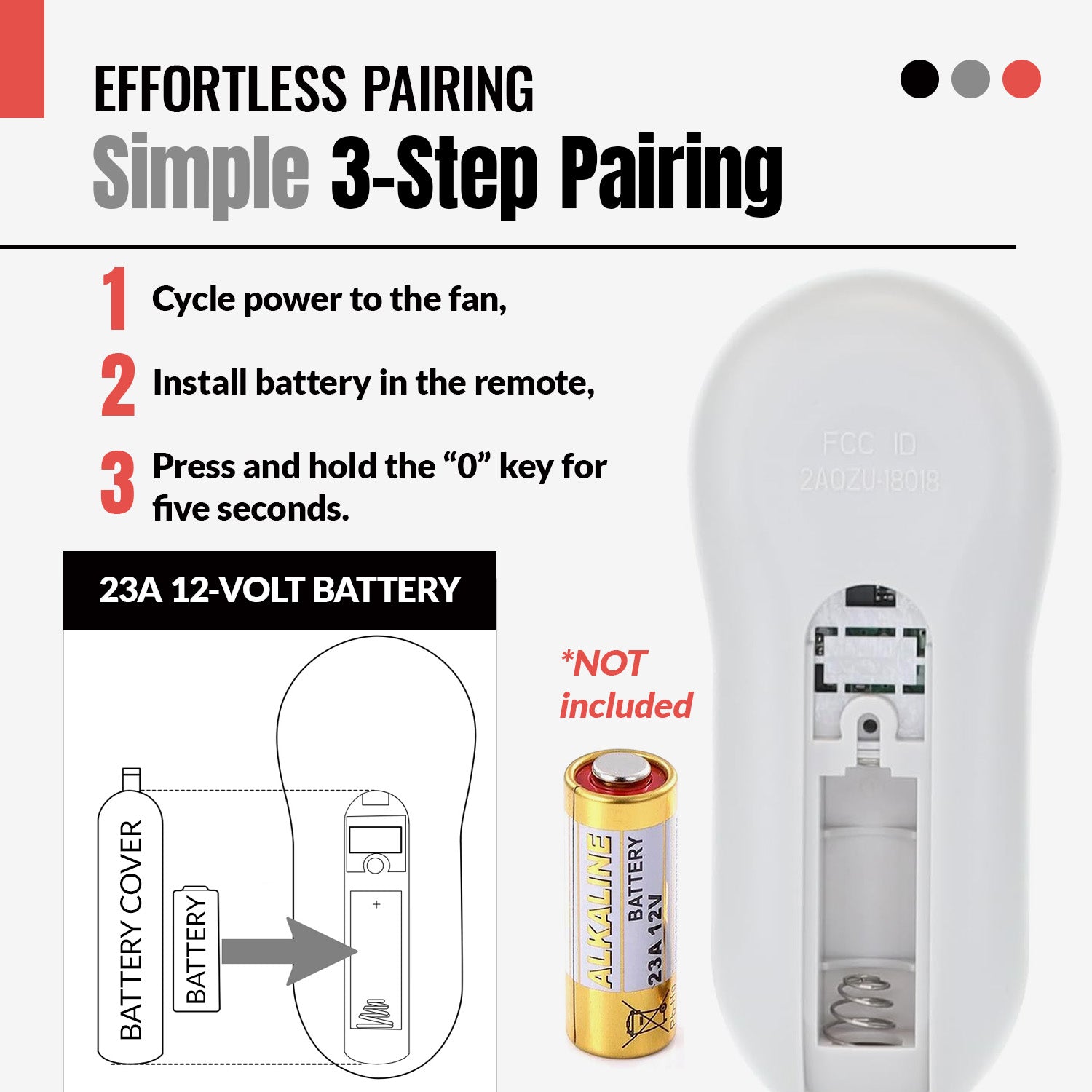 To pair your Anderic TR214D (for KUJCE10311 / KUJCE10712 / TR214B Harbor Breeze) remote: cycle fan power, insert a 23A 12V battery (not included), then hold “0” for 5 sec. Image shows battery compartment and battery.