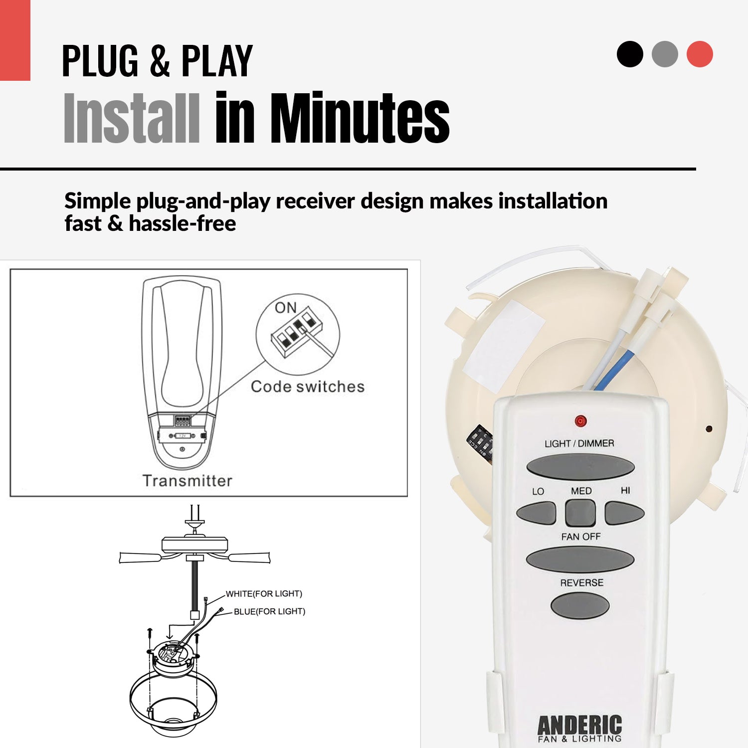 Anderic RR7078TR/UC7051R Replacement Ceiling Fan Kit for Hampton Bay and Others