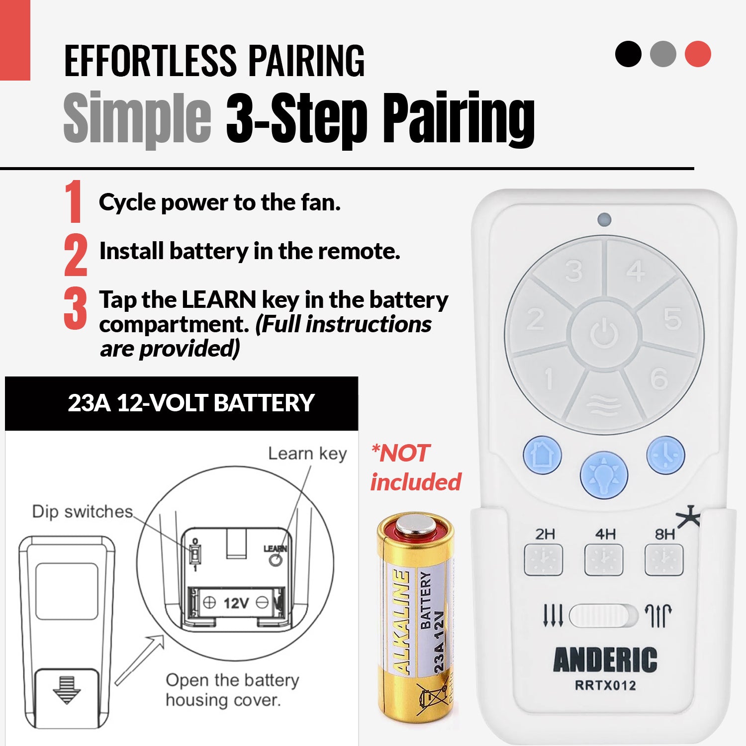 Anderic RRTX012/FD40-H02R Replacement Ceiling Fan Remote Control Kit