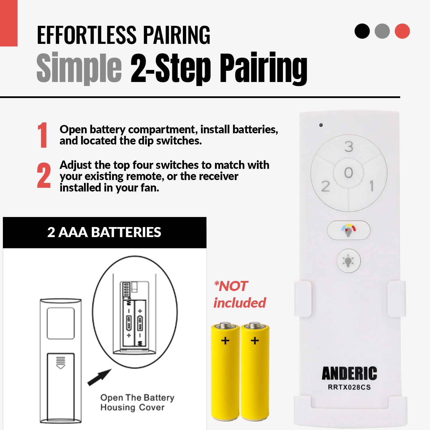 Instructional graphic for pairing the Anderic TX028C-S Ceiling Fan Remote Control for Hampton Bay and Home Decorators Collection with 2 AA batteries (not included) via a 2-step process: battery installation and dip switch adjustment.