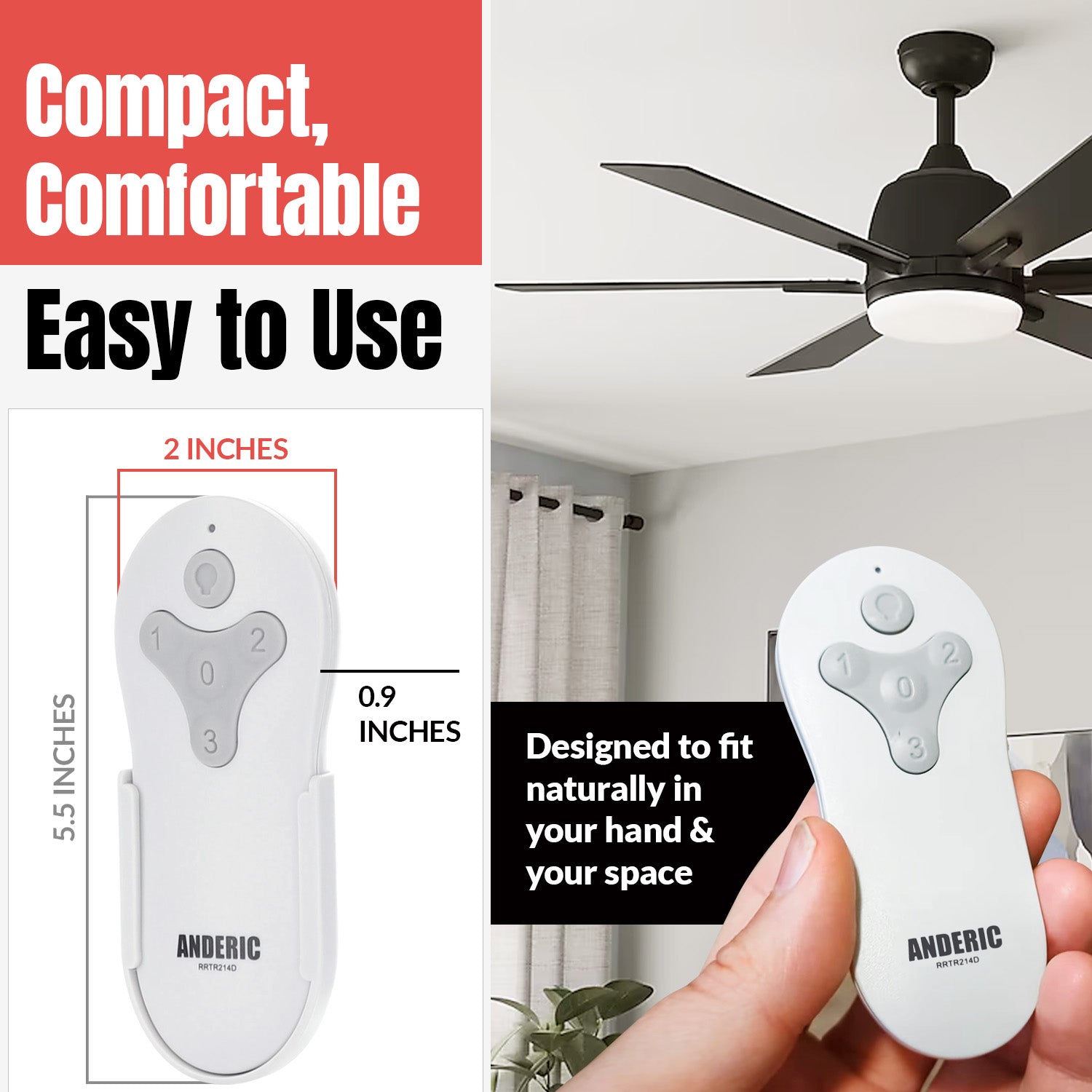 A hand holds an Anderic TR214D RRTR214D remote for Harbor Breeze ceiling fans (compatible with KUJCE10311/KUJCE10712/TR214B), labeled "ANDERIC," near a black fan in a living room; remote measures 5.5 x 2 x 0.9 inches.