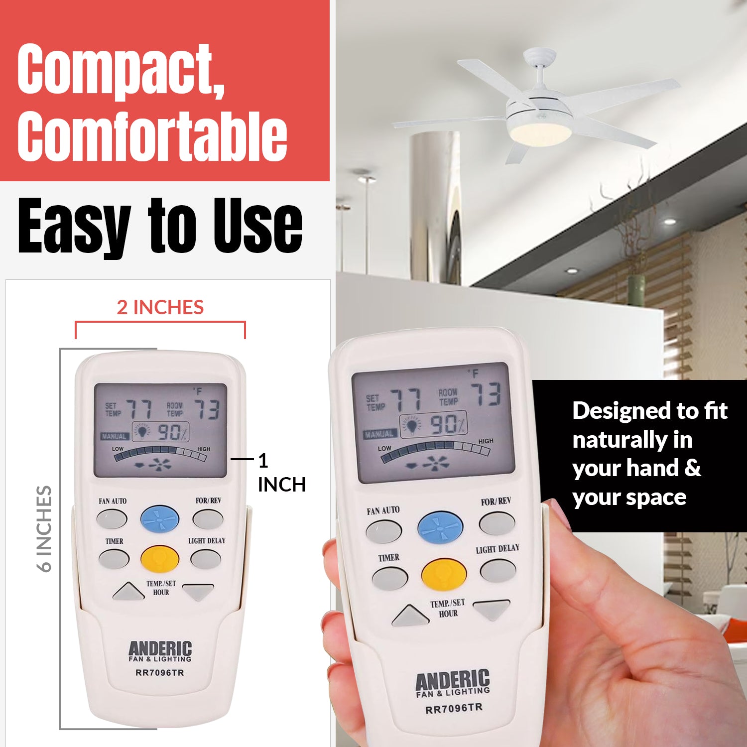 Télécommande pour ventilateur de plafond Anderic RR7096TR (CHQ8BT7096T / CHQ7096T) avec fonction marche arrière